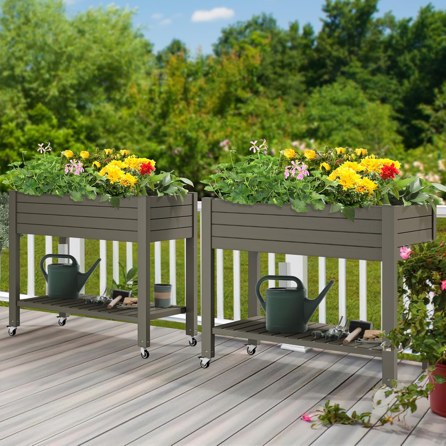 YITAHOME 43.3x17.7x34 in Elevated Garden Bed 2pcs, Outdoor Plastic Planter Box with Wheels, Legs, Drain Plug, and Storage Shelf for Plants, Vegetables, Flowers, Herbs, Light Brown