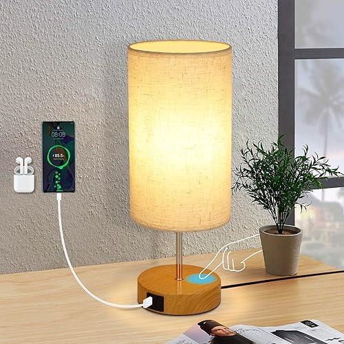 Hurrah Lámpara de mesa al lado táctil  Lámpara de noche regulable de 3 vías, lámpara táctil de madera E26 con puerto USB y pantalla redonda de tela