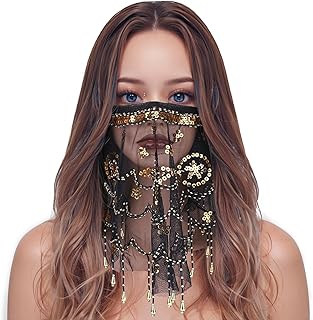 Belly Dance Face Veil, Women's Belly Dance Tribal Face Veil with Sequins for Halloween Costume Accessory, Party