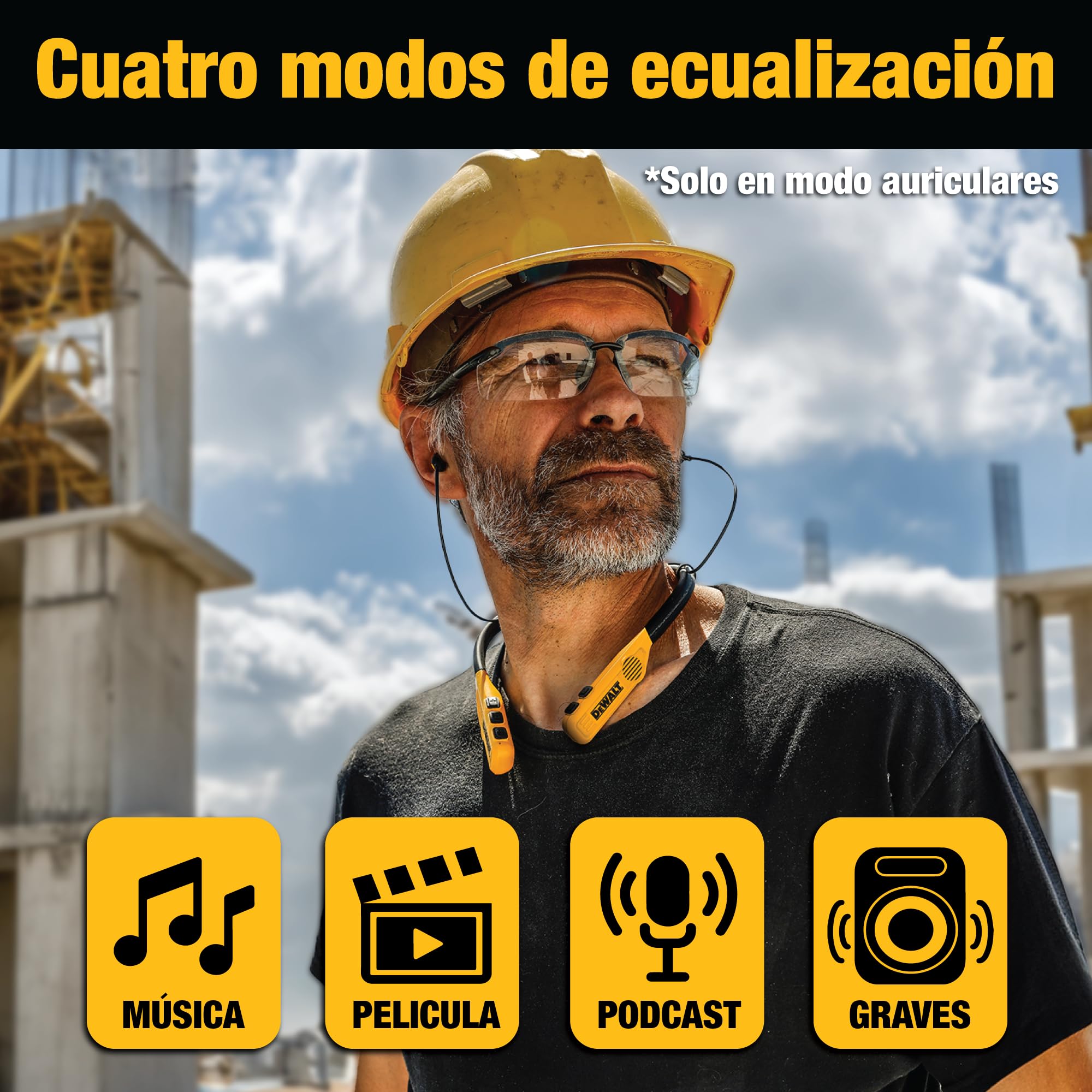 DEWALT Auriculares Inalámbricos Bluetooth 2-en-1 con Altavoces Integrados, Cascos Inalámbricos Bluetooth de Diadema, 60h Autonomía, Cancelación de Ruido, IP56, Manos Libres para Trabajo y Llamadas