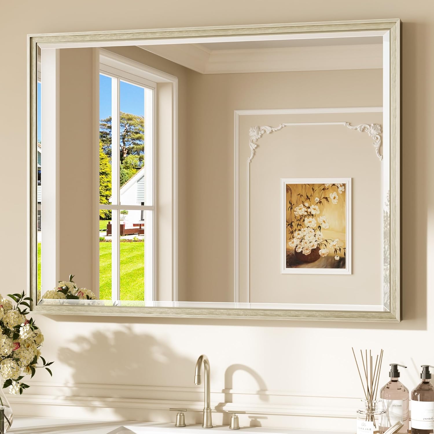 Keonjinn 40" x 30" Brushed Nickel Bathroom Vanity Mirror, Silver Bathroom Mirrors for Over Sink, Beveled Tempered Glass, Aluminum Alloy Frame, Decorative Wall Mirror for Living Room, Entryway, Bedroom