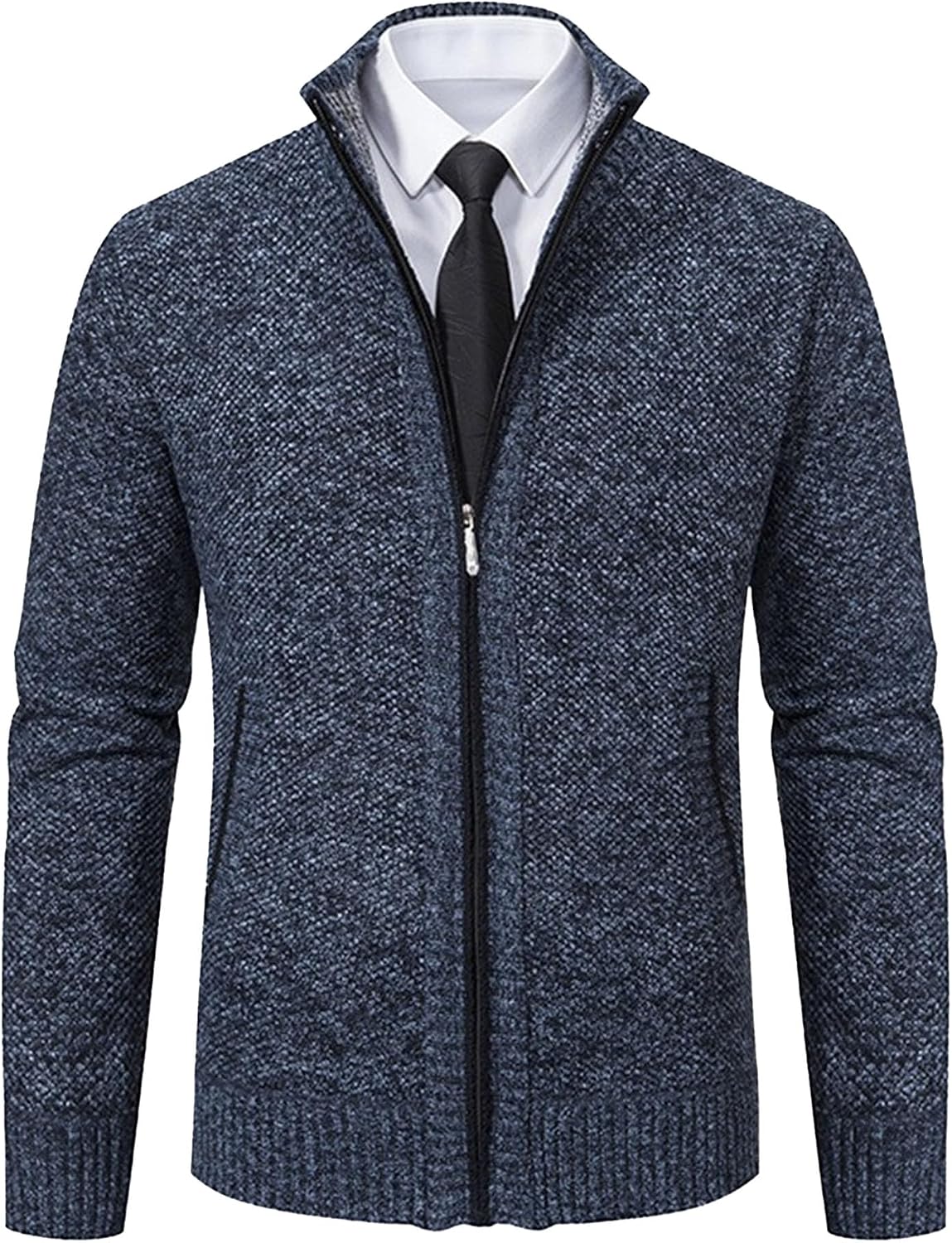 Men Warm Stand Collar Knitted Jacket Long Sleeve Full Zip Business Cardigan | Side Pockets, Long Sleeve, Slim Fit, Casual & Formal Wear, Textured Knit