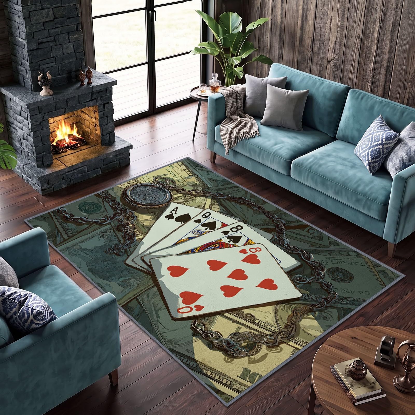 Dywan industrialny w stylu vintage, do sypialni, z niskim runem, 100 x 160 cm, karty do gry, zegarek kieszonkowy, antypoślizgowy dywan do jadalni, można prać w pralce, dywan przyjazny dla dzieci i