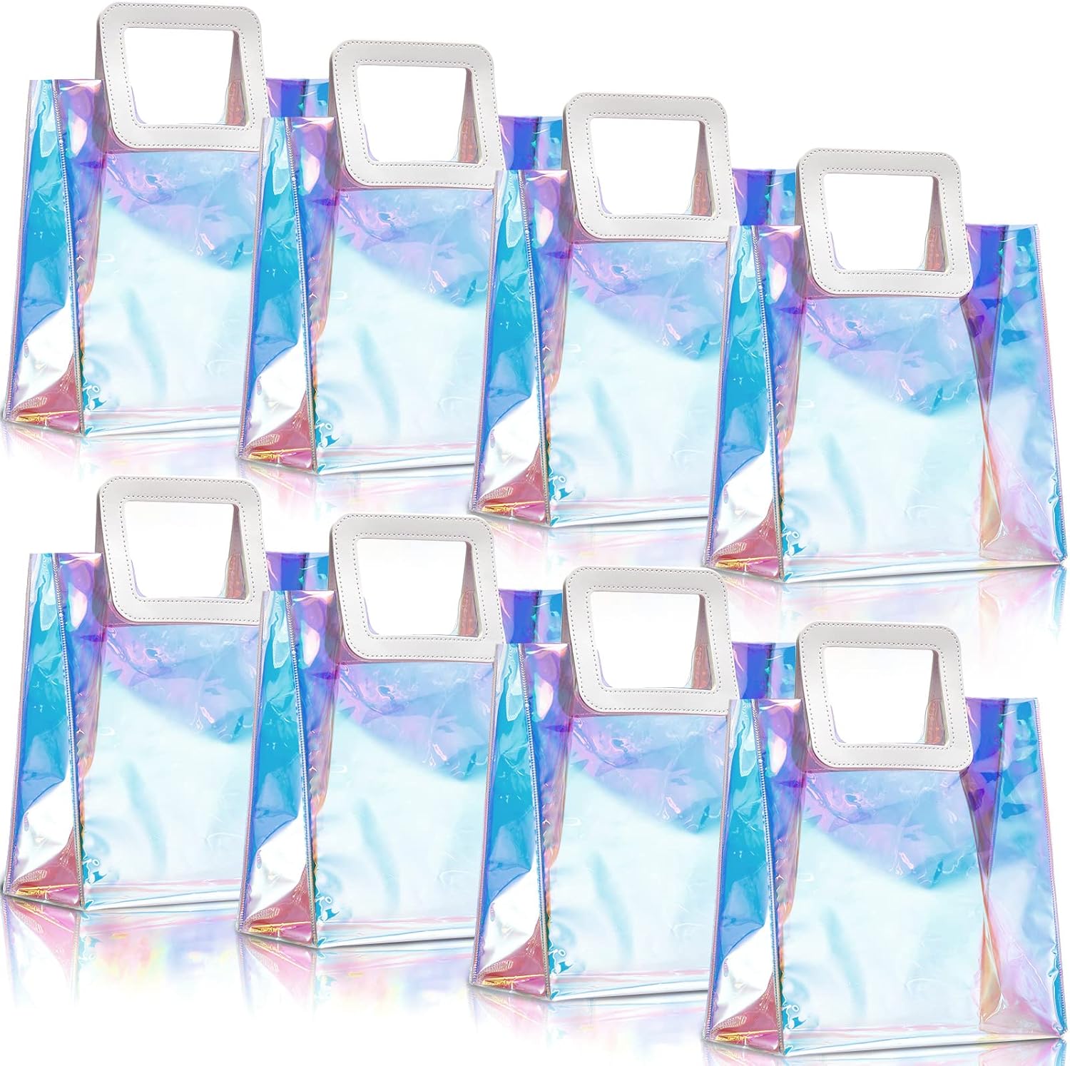 Boao 8 Pcs Reusable Gift Bag, 10 x 11 x 5.5 Inches Clear Large Gift Wrap Tote Bags PVC with Handle for Women Girl Party Birthday Christmas Travel Festival Wedding Shopping (Holographic)