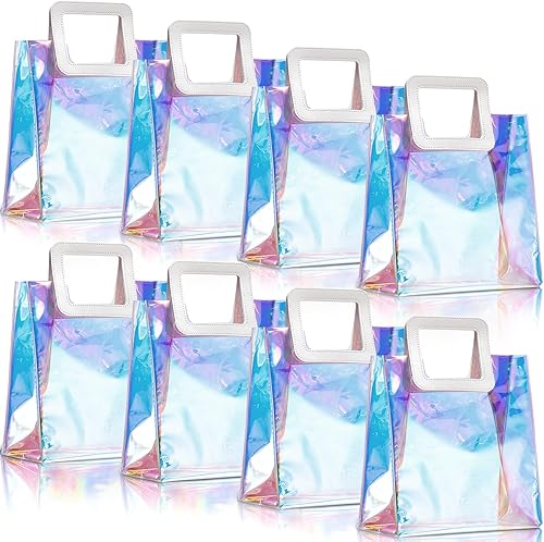 Bolsa de regalo iridiscente reutilizable, 10 x 11 x 5.5 pulgadas, bolsa holográfica transparente grande de PVC con asa para mujeres, niñas, fiestas,