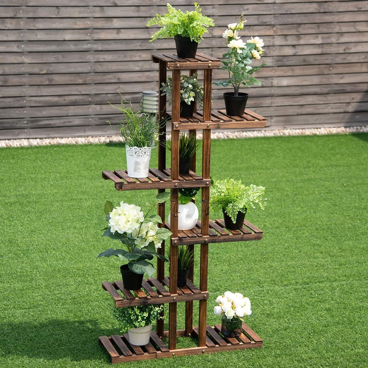 GRAFFY 6 Tier Flower Rack Wood Plant Stand, Flower Pot Holder 7 Shelves, Bonsai Display Shelf with Hollow Design, Multifunctional Storage Rack, Outdoor Indoor Flower Rack for Yard Garden Patio Balcony