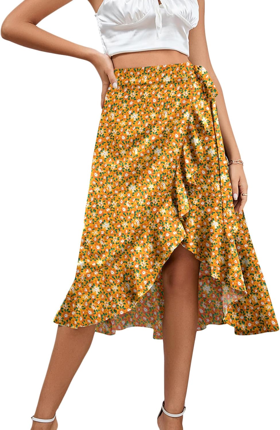 LYANER Women’s Boho Floral Print Wrap Front Self Tie Knot Ruffle Hem Split Midi Skirt