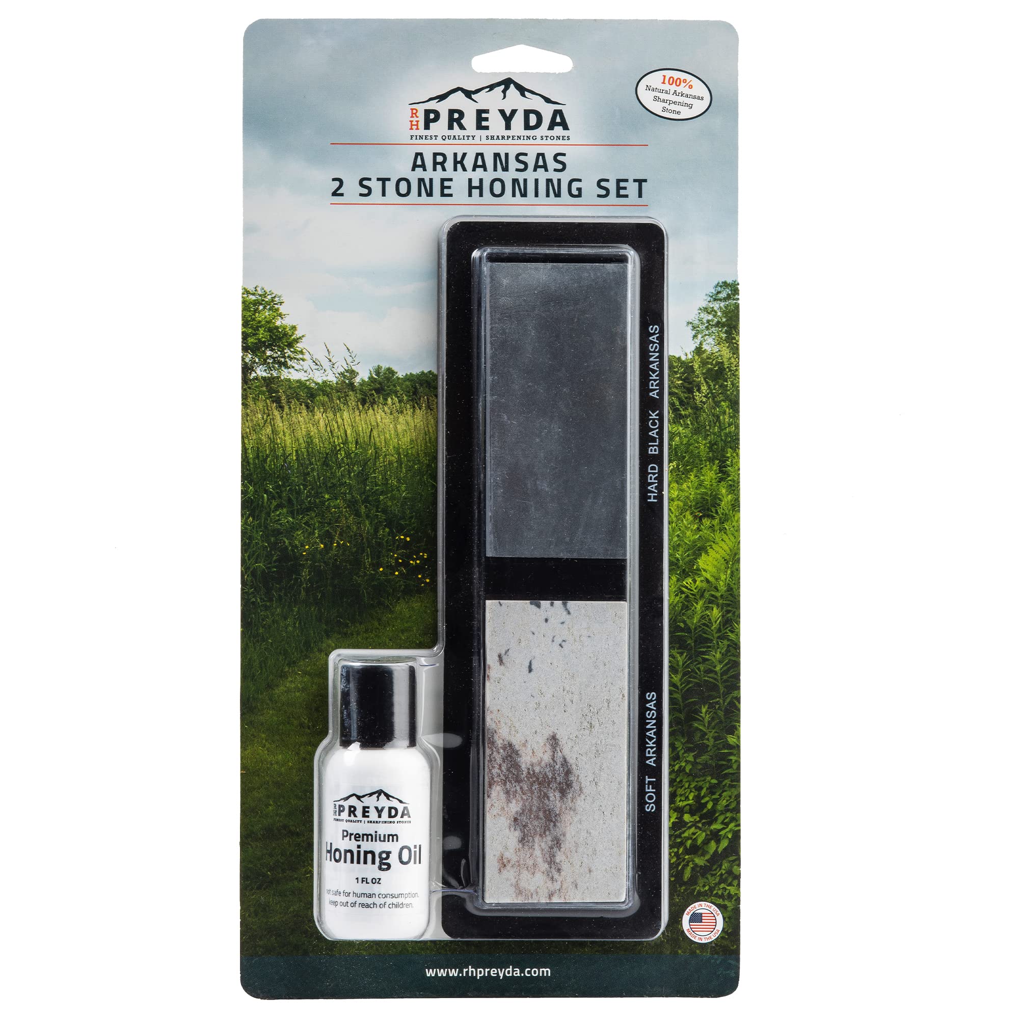 Arkansas 3-Stone Sharpening Kit, Sharpening Stones And Premium Honing Oil For A Wide Variety Of Blades, 5 X 1-5/8 X 1/2-Inch Whetstones With Non-Slip Base And PVC Storage Box, By RH