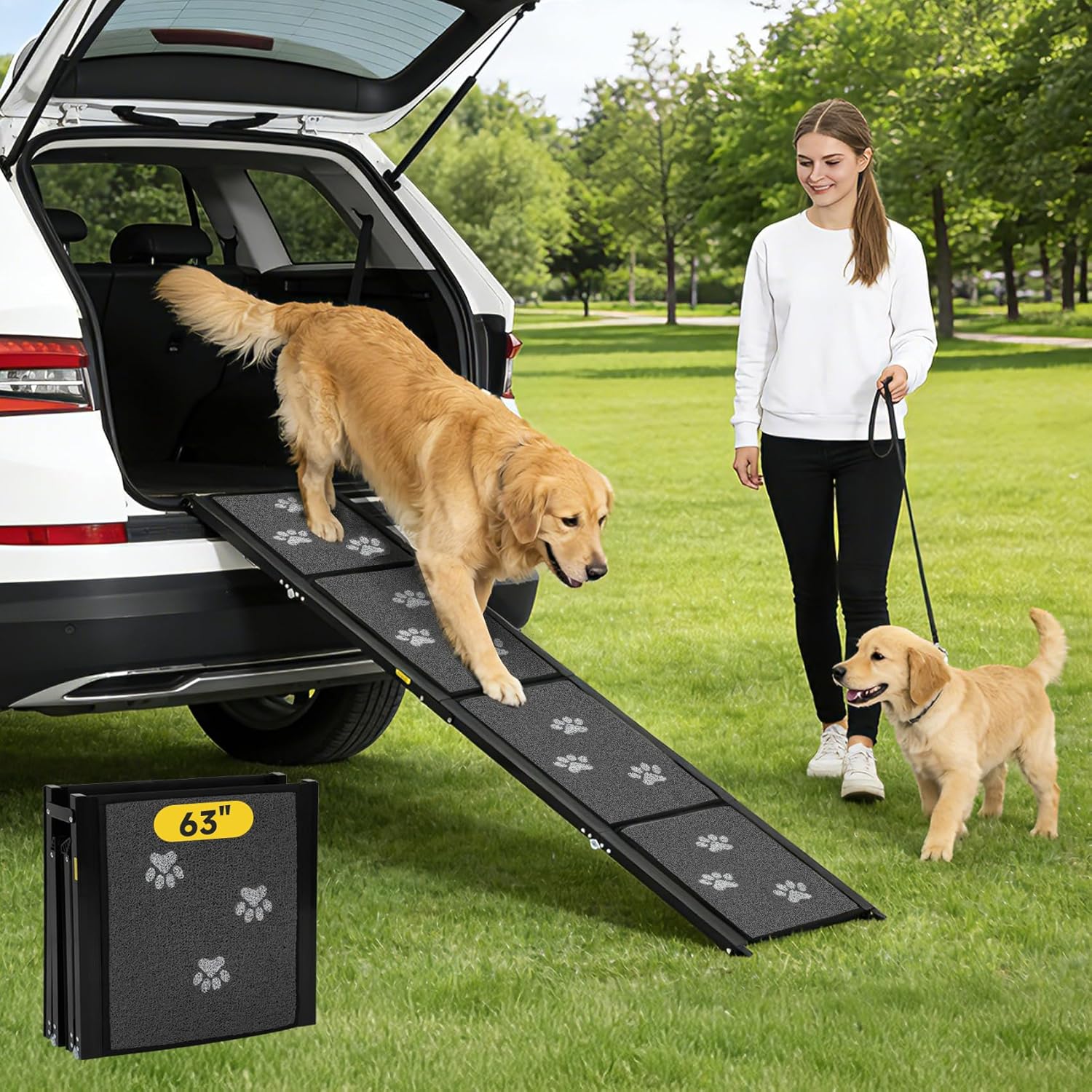 Dog Ramp for Car 63″ Long & 17″ Wide Portable Dog Ramps for Large Dogs Non Slip Rug Surface Extra Wide Steps for SUV Car and Truck Folding Dog Ramp Supports Up to 250LBS