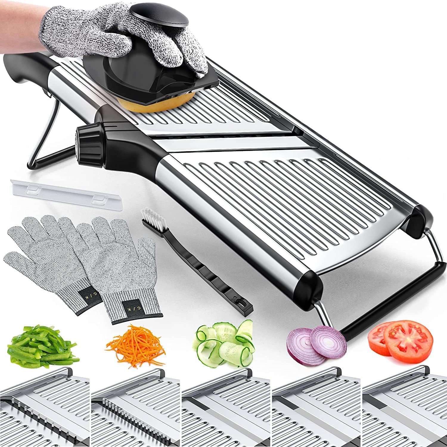 Verstellbarer Gemüsehobel aus Edelstahl – Mandoline Küchenhobel für Kartoffeln, Tomaten, Karotten, Obst, Gemüse & Zwiebeln – Inklusive 1 Paar Schnittschutzhandschuhe