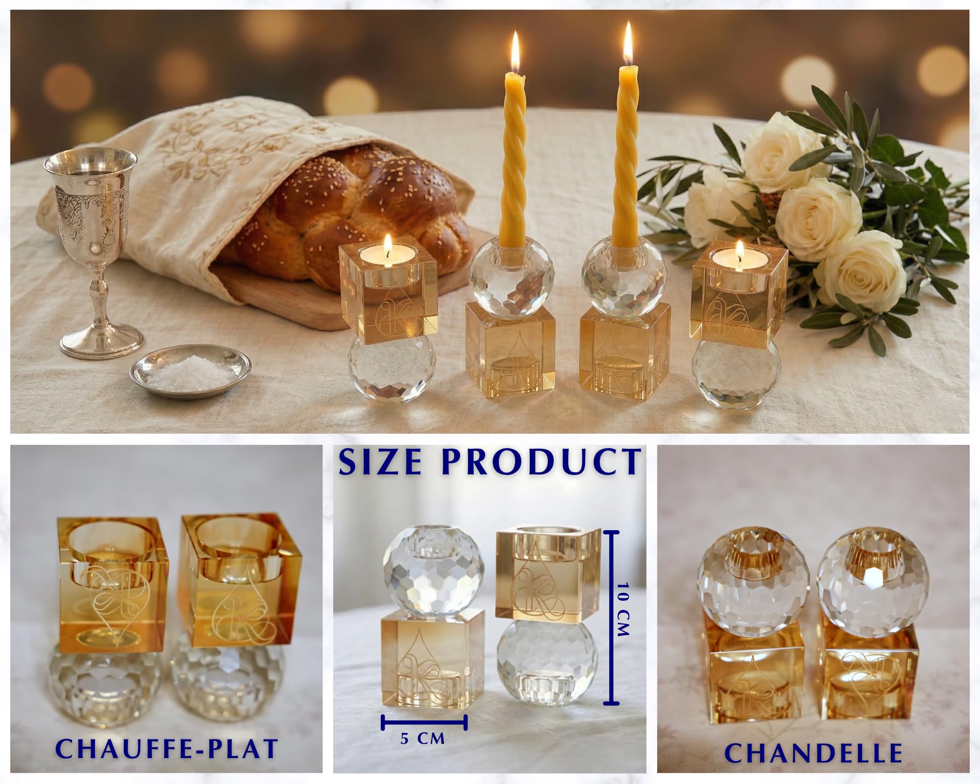 Paire de Bougeoirs Shabbat Réversibles en Cristal K9 - Design Moderne 2-en-1 pour Bougies Chauffe-Plat, Chandelles et Havdala - Idée Cadeau Mariage Juif et Judaïca