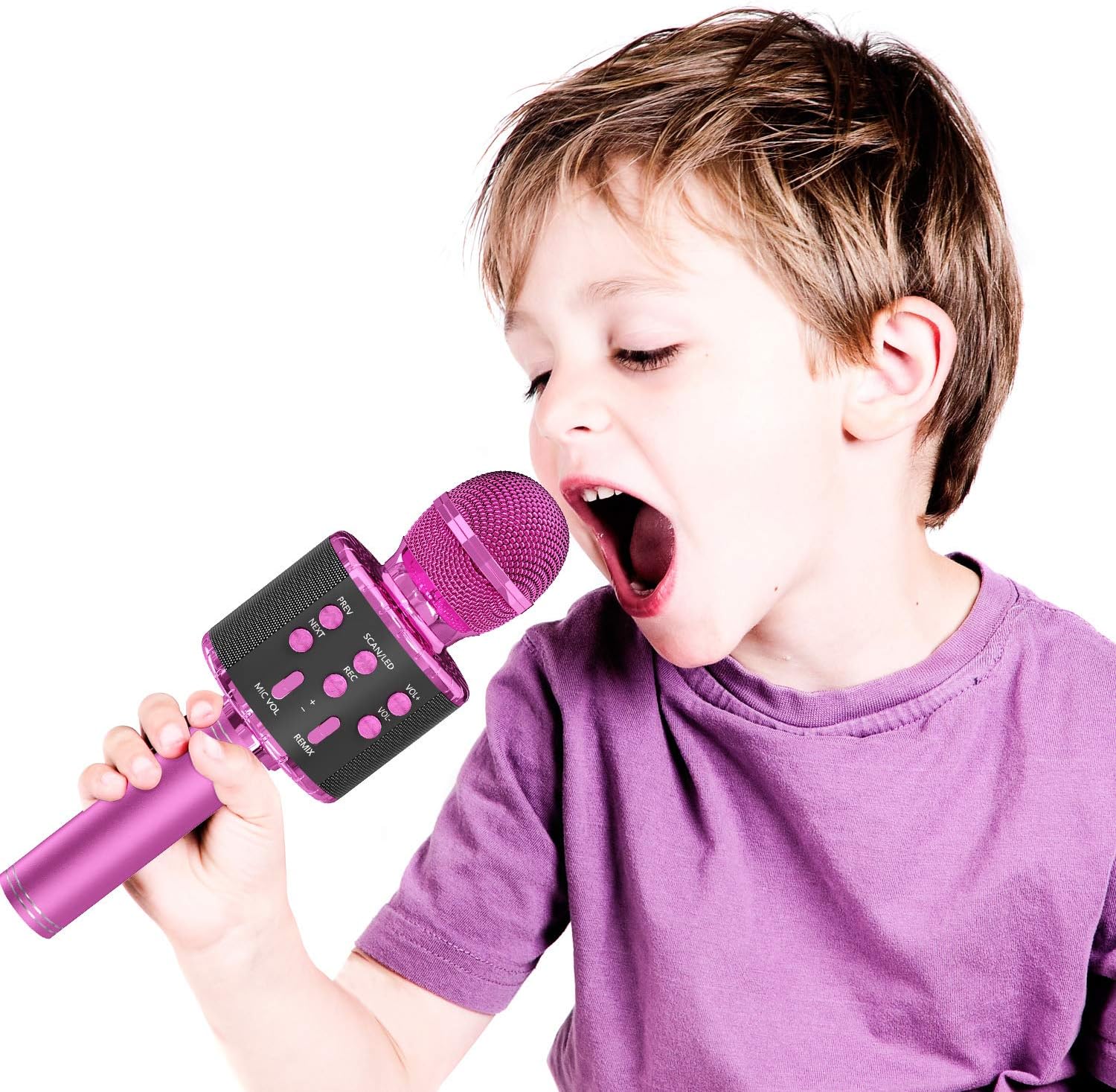 OVELLIC Karaoke Microphone for Kids, Wireless Bluetooth Karaoke Microphone with LED Lights, Portable Handheld Mic Speaker Machine, Gifts Toys for Girls Boys Adults All Age (Pink/Purple Plus)