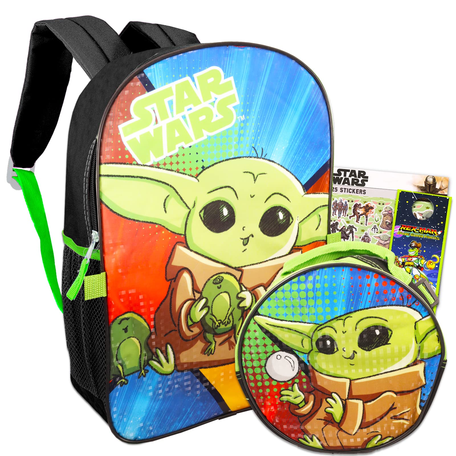 Beach KidsStar Wars Backpack for Boys 8-12 - Bundle with 16” Mandalorian Backpack, Baby Yoda Lunch Box, Stickers | Star Wars School Backpack for Boys