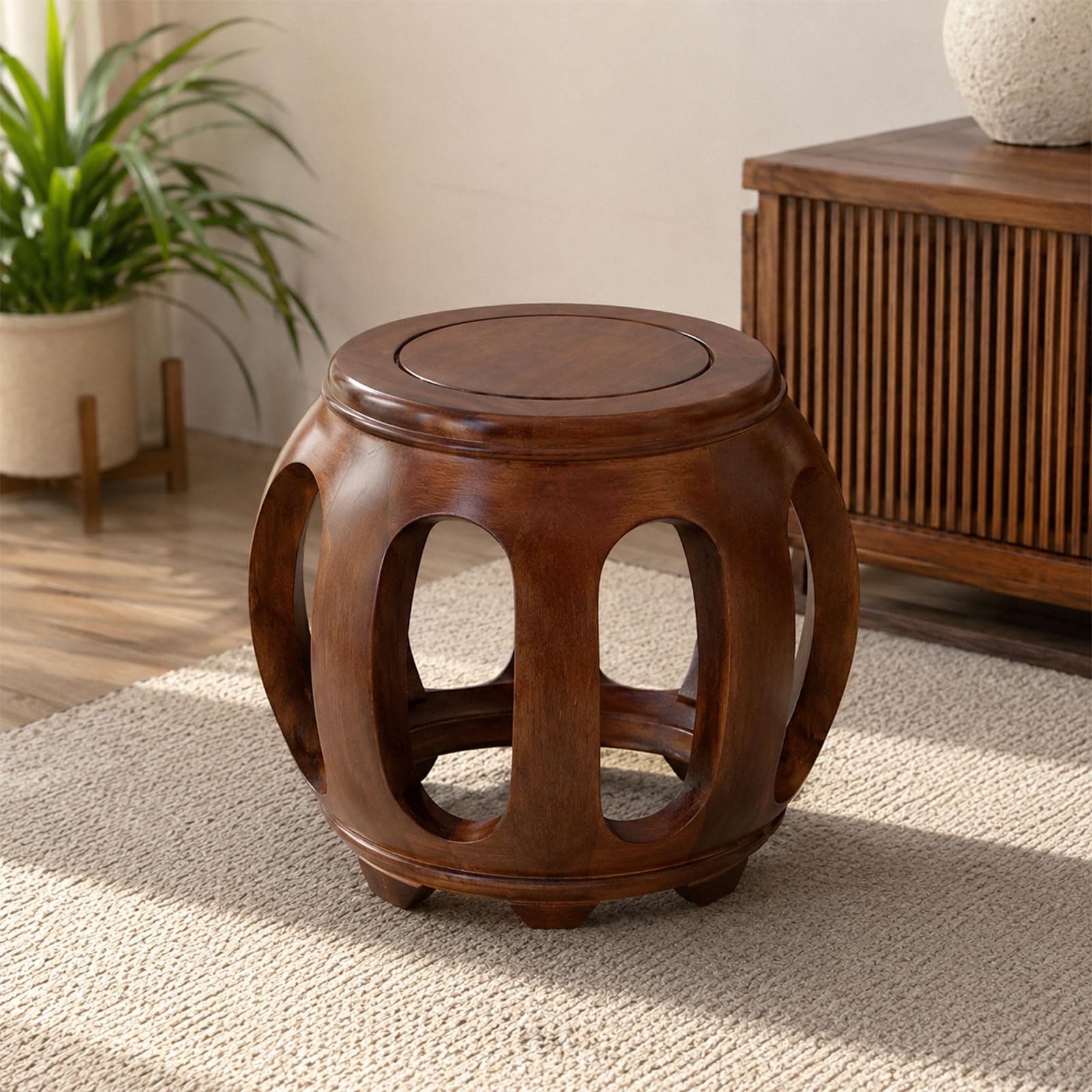Tabouret-Tambour en Bois Massif Chinois Rouge pour Décoration d'Intérieur