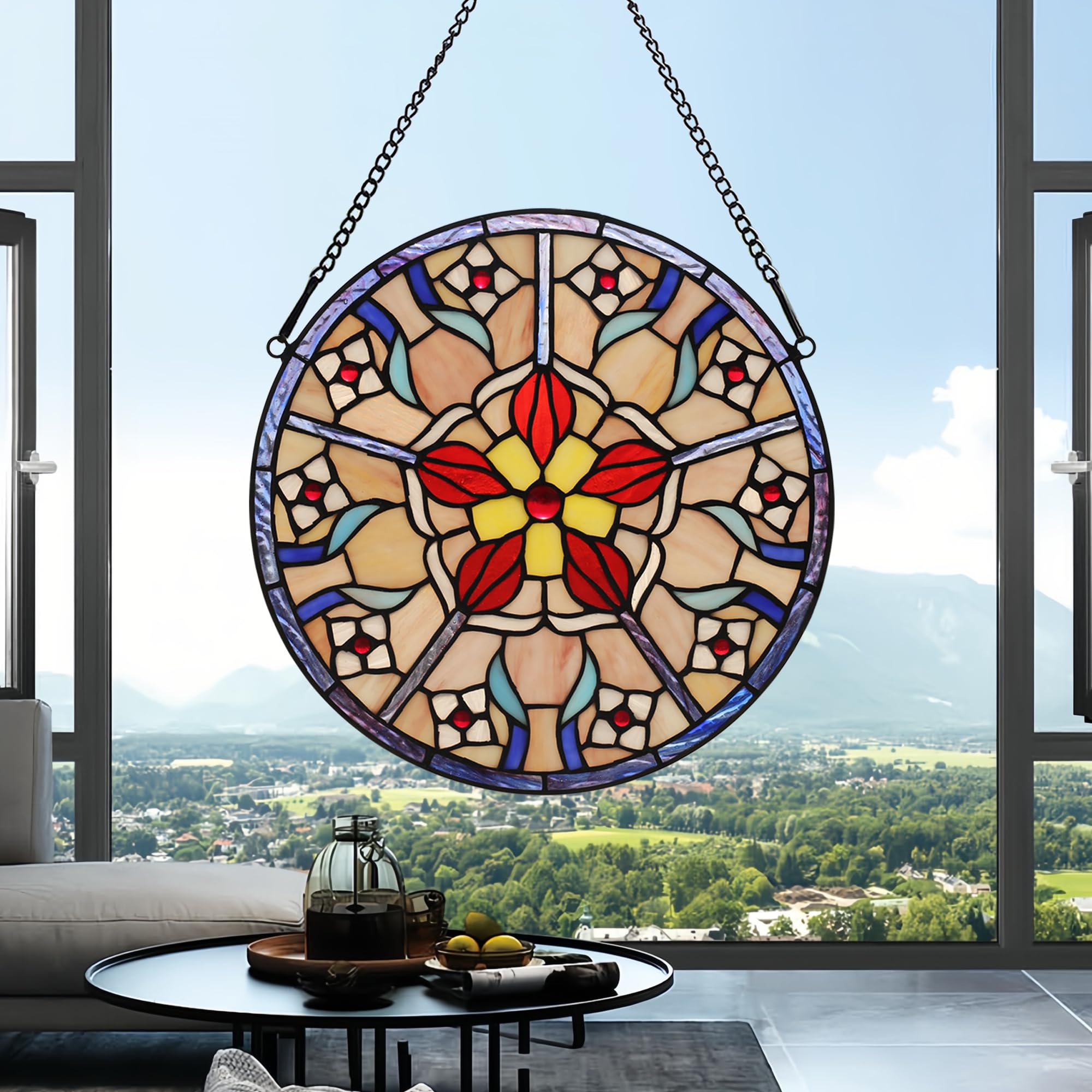 Buntglas-Fenster zum Aufhängen, Tiffany-Pflanzen-Stil, rosa Blume, Sonnenfänger, Wanddekoration, Kunst-Panel, 30,5 cm, inklusive 50,8 cm Kette und Haken, perfektes Weihnachtsgeschenk