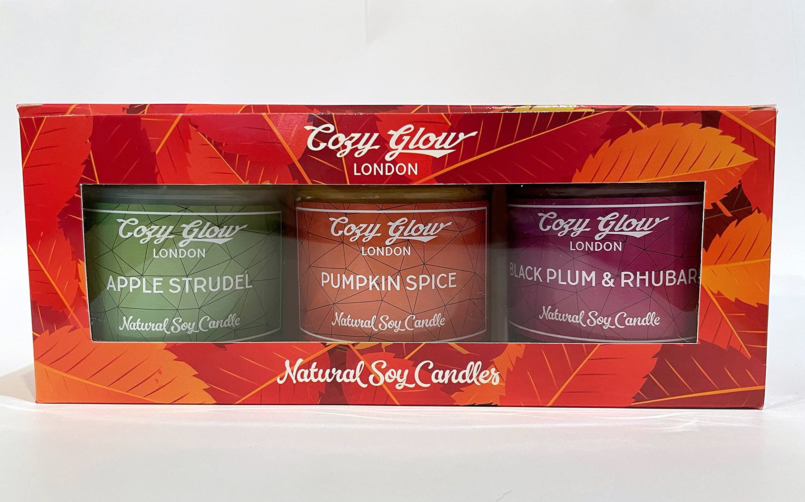 Cozy Glow Halloween-Soja-Kerzen, Trio, Kürbis-Gewürz, Apfelstrudel, schwarze Pflaume und Rhabarber.