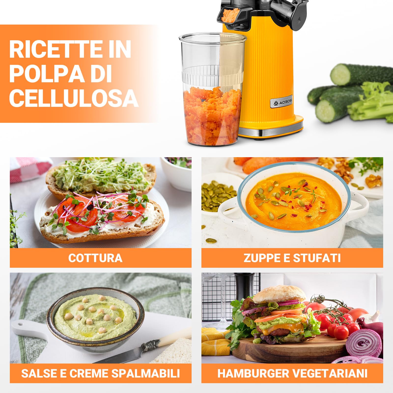 Estrattore frutta e verdura AOBOSI-Mini estrattore con funzione di masticazione inversa -estrattore di succo con spazzola e 2 tazze -150W estrattore a freddo - Spremiagrumi elettrico-Giallo.