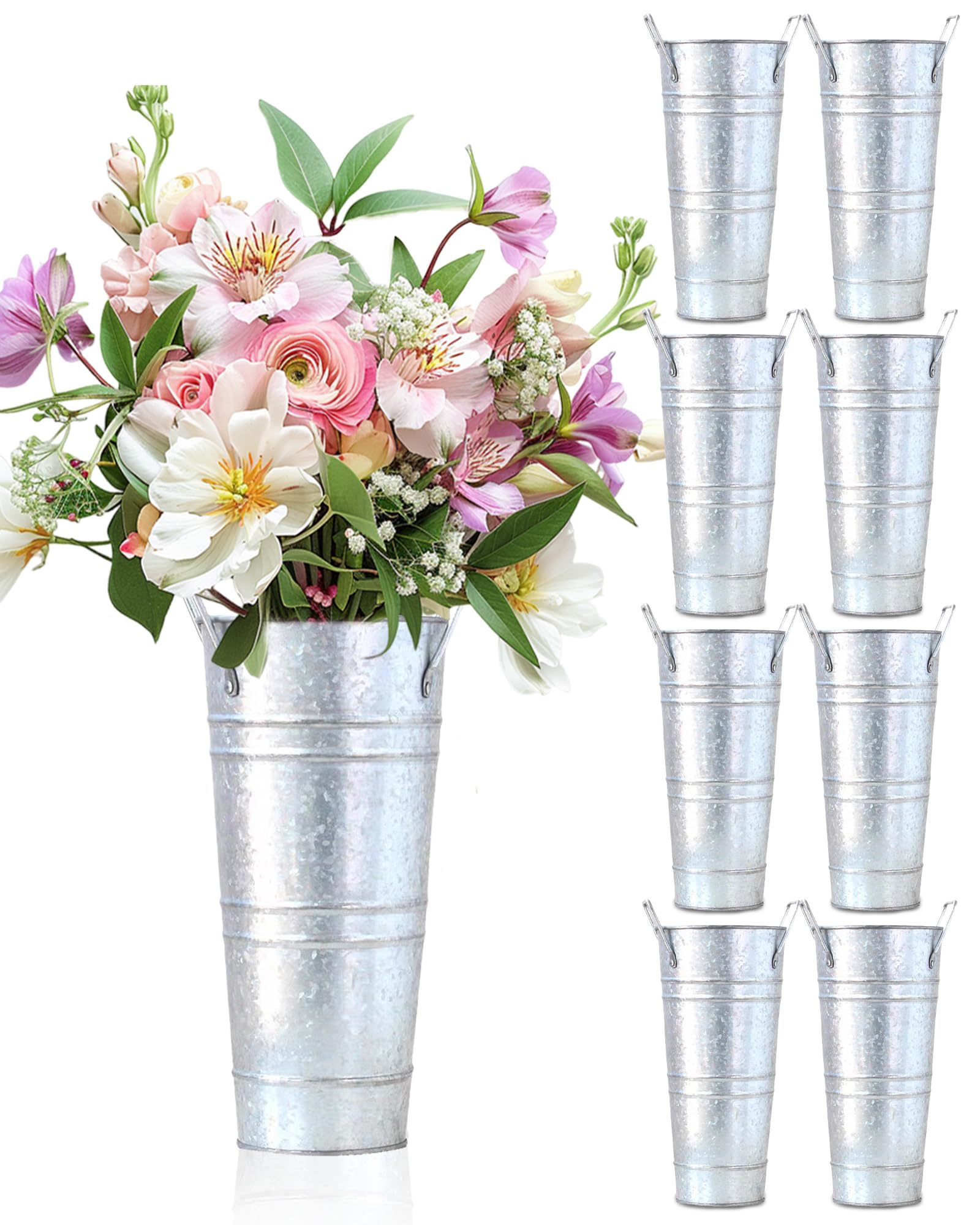 Photo 1 of 10 Inch Galvanized Flower Buckets, 8 PCS Galvanized Metal Vases for Flowers
