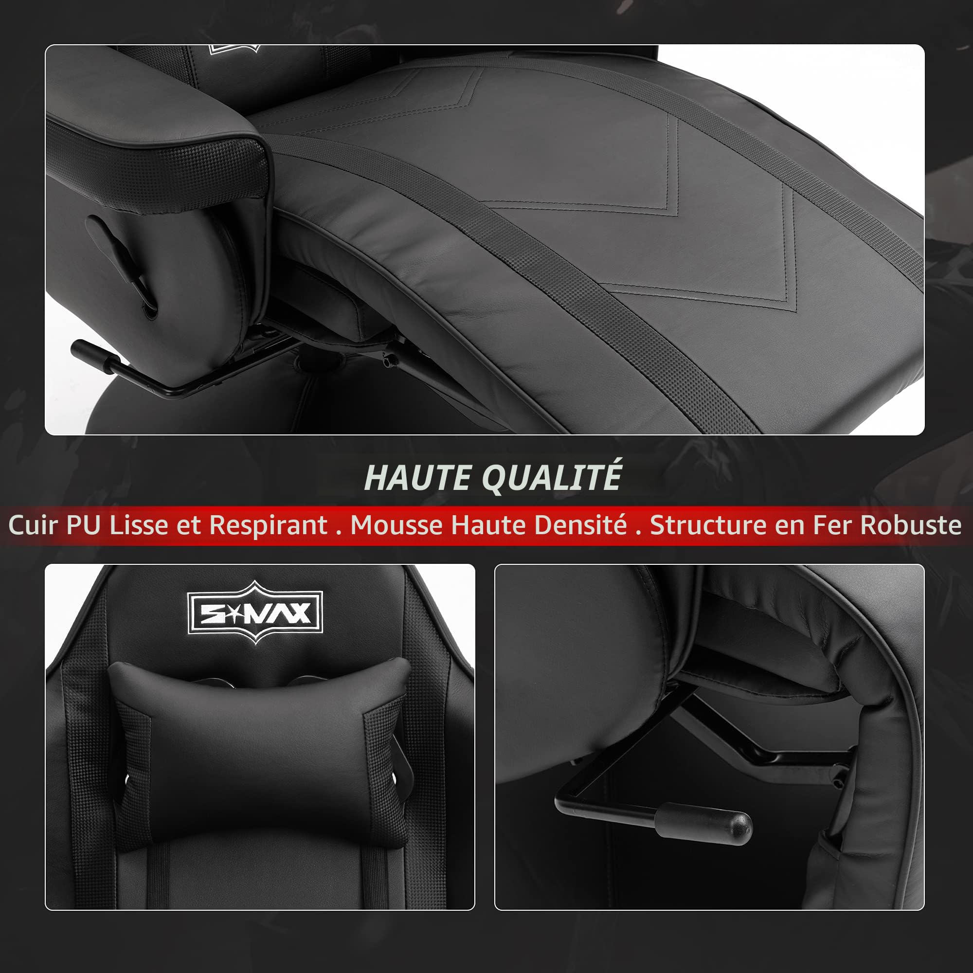 S*MAX Chaise Gaming avec Dossier Plus Haut et Support Lombaire Plus Large Chaise Gamer en Cuir PU avec Dossier et Repose-Pieds réglables Porte-gobelet Fauteuil Gaming Noir Large
