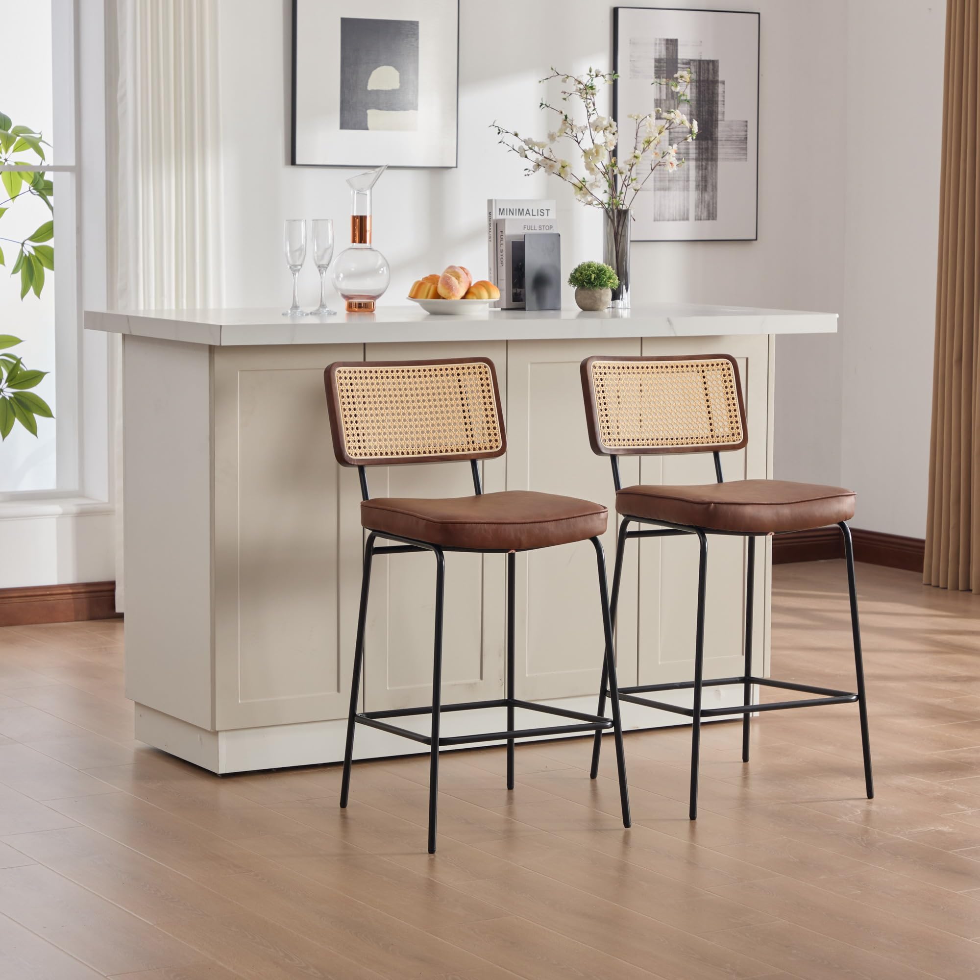 Lot de 2 tabourets de bar marron avec dossier pour îlot de cuisine