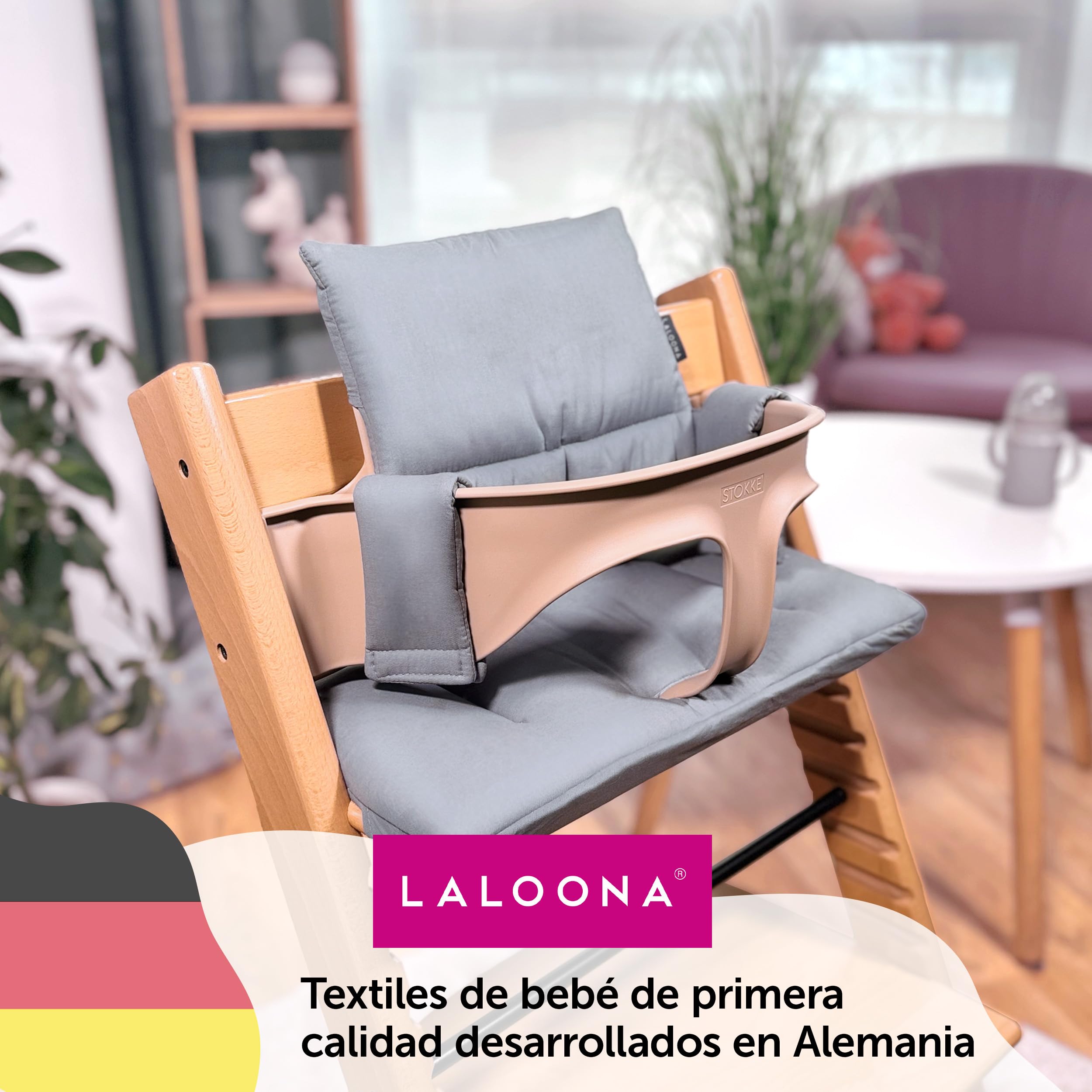 LaLolleera Cojín Trona Evolutiva de Madera para Stokke Tripp Trapp, Impermeable, Lavable OEKOTEX Standard 100 - Gris Revestido