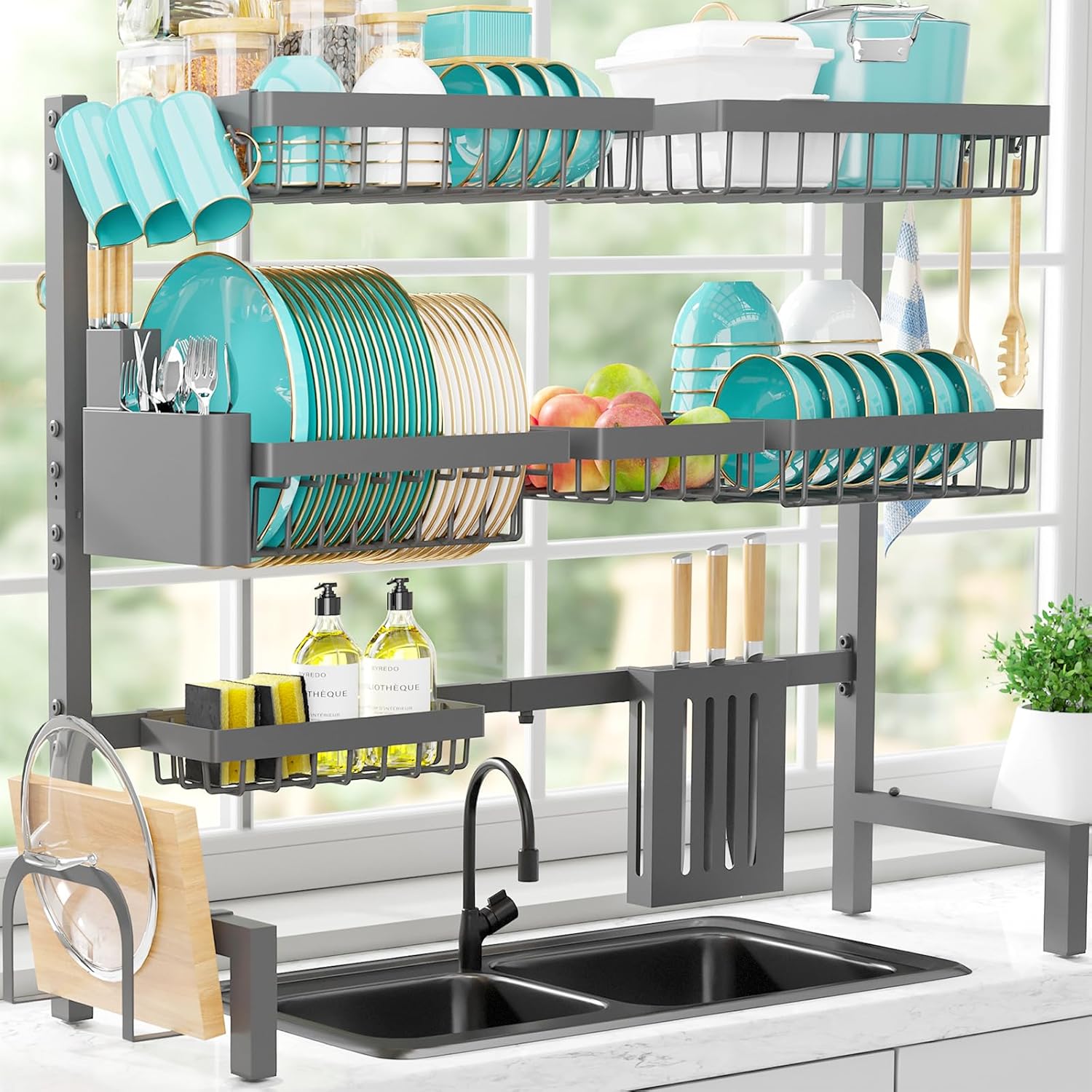Over The Sink Dish Drying Rack - Adjustable 3 Tier XX-Large Capacity Stainless Steel Drainer with Cutlery & Utensil Holders, Kitchen Storage & Organization, 31.5"-39.5"L x 12"W x 30.5"H, Gray Gray XX-Large (3 Tier)