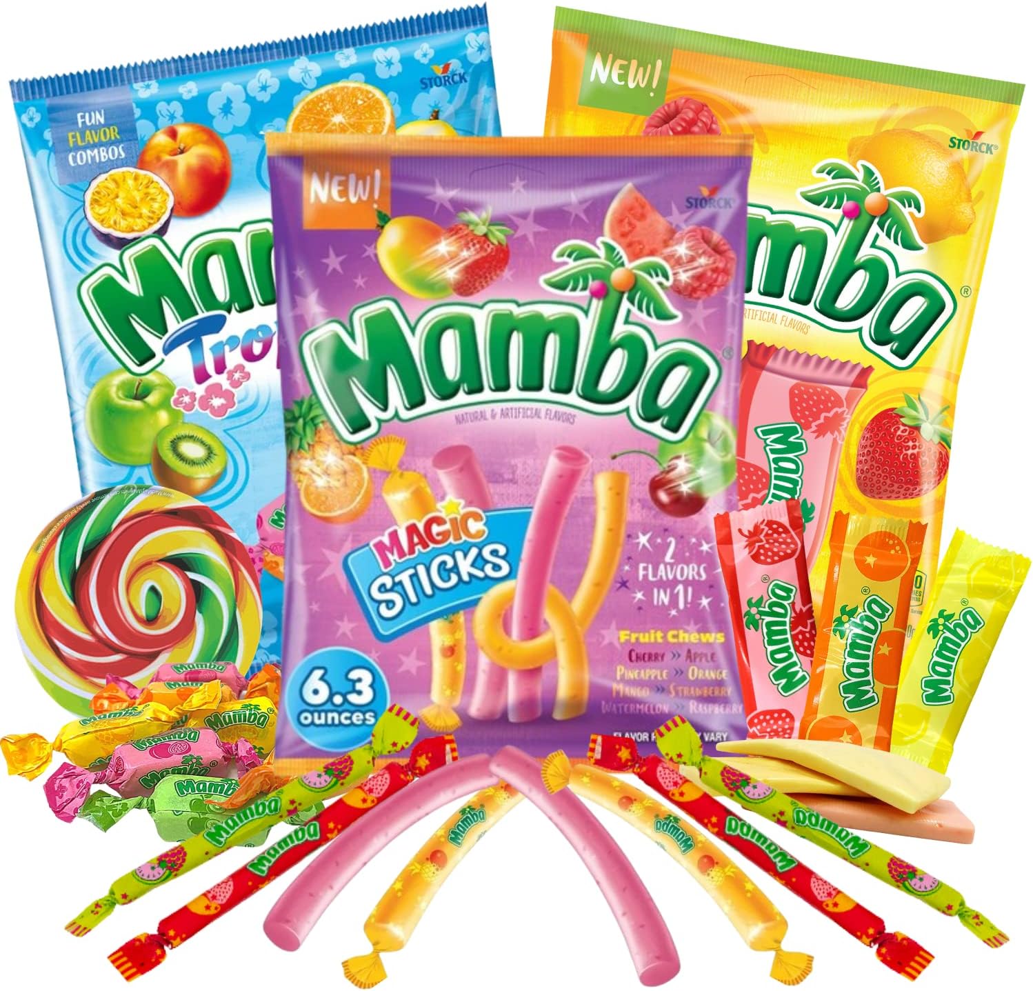 Mamba Chewy Candy Assortment, Tropical Chews, Fruit Strips, and Sticks, Individually Wrapped Flavored Treats, Pack of 3, 6.3 Ounces Each