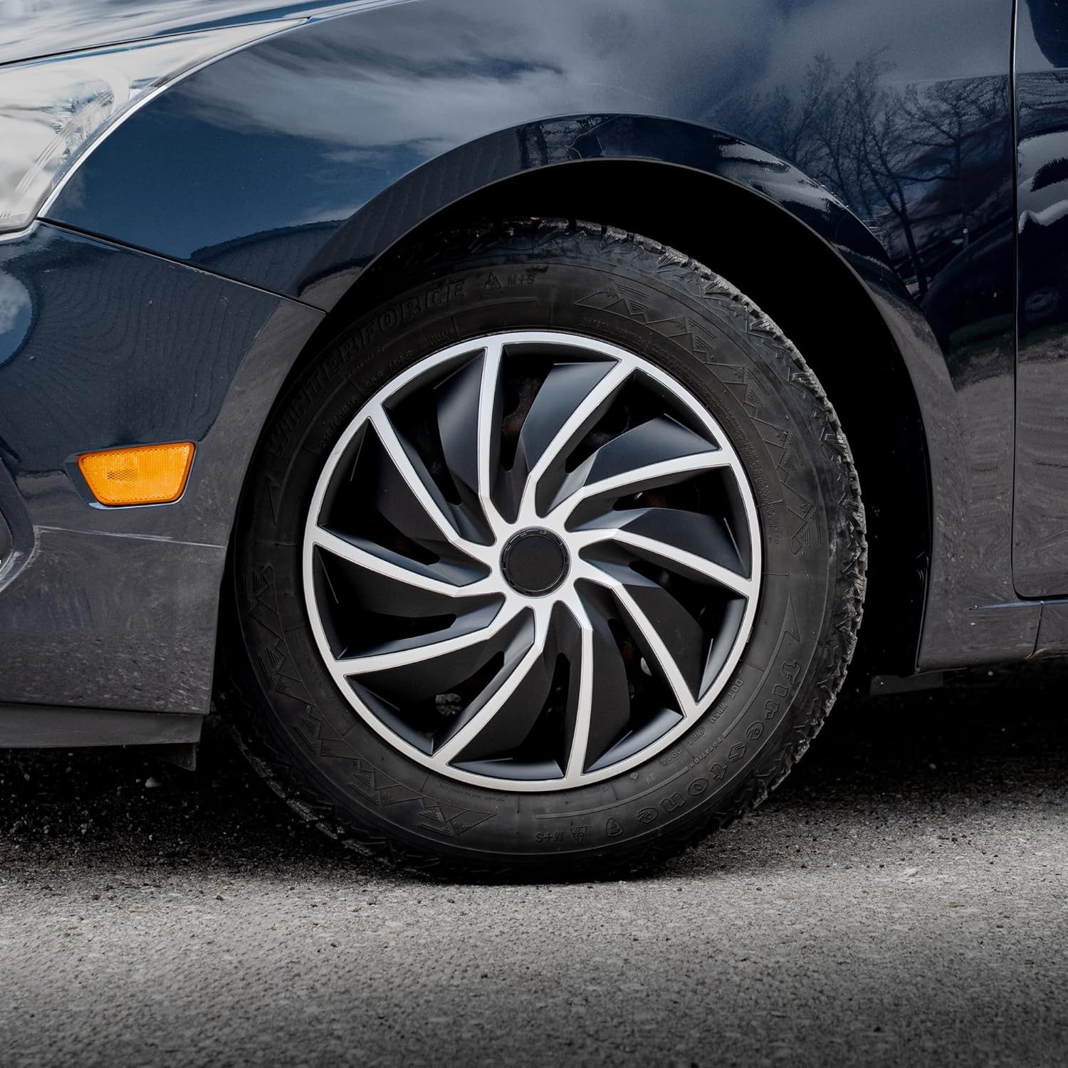 Alpena Turbo Vehicle Wheel Covers, Premium European-Made Rim Covers with 3-Step Retention System, Durable Hub Caps Fits Most Steel Wheels, Set of 4, Silver & Black, 16 Inch