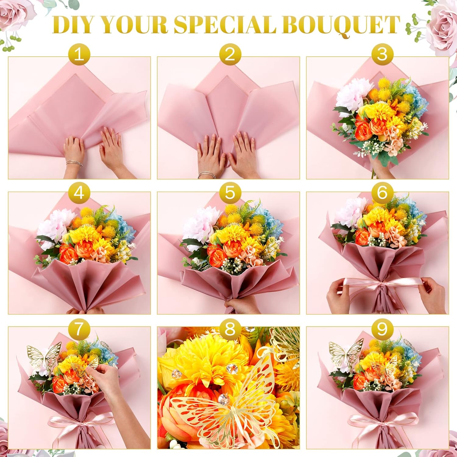 Outus 60 Sheets Flower Bouquet Wrapping Paper Waterproof Floral Wrapping Paper with 60 3D Butterfly 100 Flower Pins 2 Rolls Ribbon Florist Supplies for Valentine's Day(Pink, Rose Pink, White)