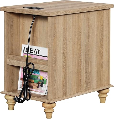Miniatura 9 de WAMPAT Juego de 2 mesitas de noche con estación de carga, mesa auxiliar de granja con patas de madera maciza, mesa auxiliar con armario de