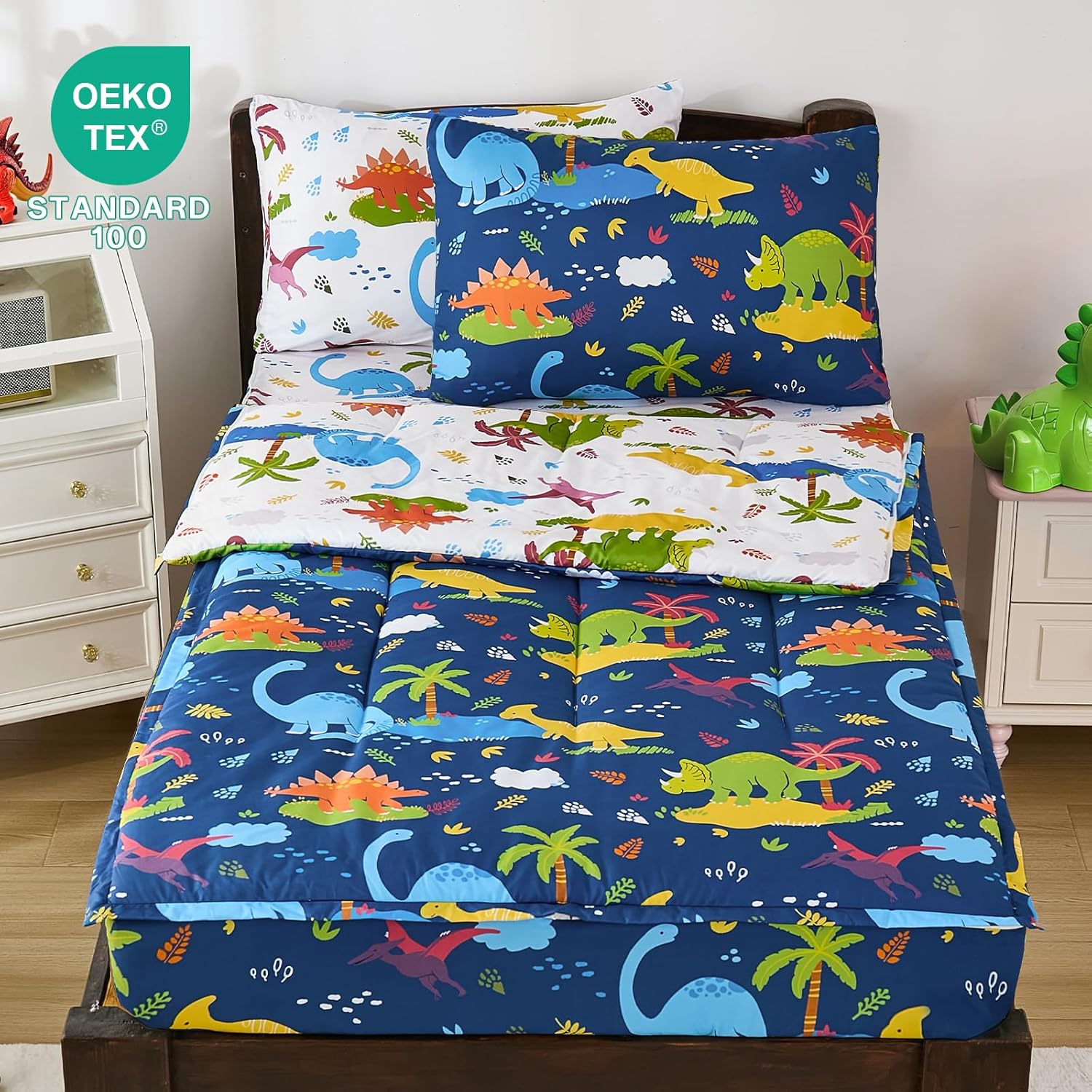 DJY Zipper Bedding Set Full, Navy Blue Dinosaur Bedding Sets for Boys, Kids Comforter Set with Fitted Sheet Pillowcases, All in One Zipper Bed Set for All Seasons - Image 2