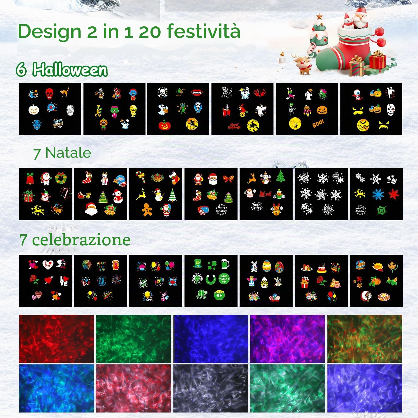 Proiettore Halloween & Natale, 4/6/8 Modalità, 15W, 20 Fogli, Impermeabile, 10 Colori, Onda Oceanica LED, Telecomando per Feste di Deco