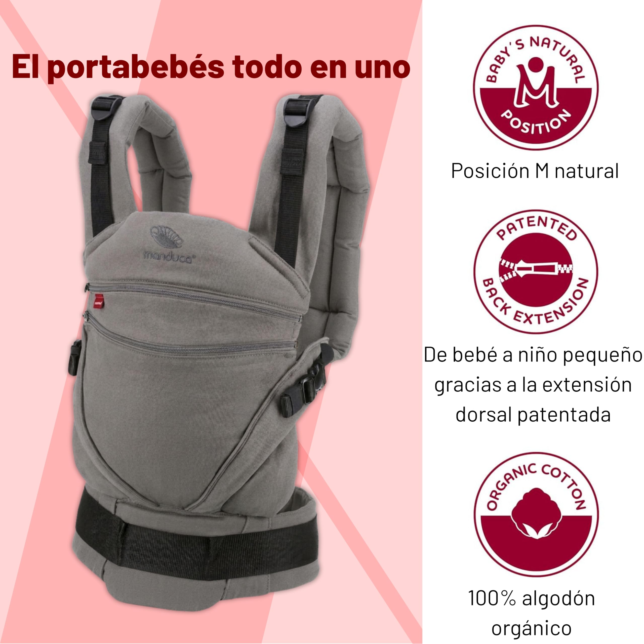 Portabebés Manduca XT, asiento ajustable, apto desde el nacimiento, fabricado en algodón orgánico con 3 posiciones de transporte, melange grey