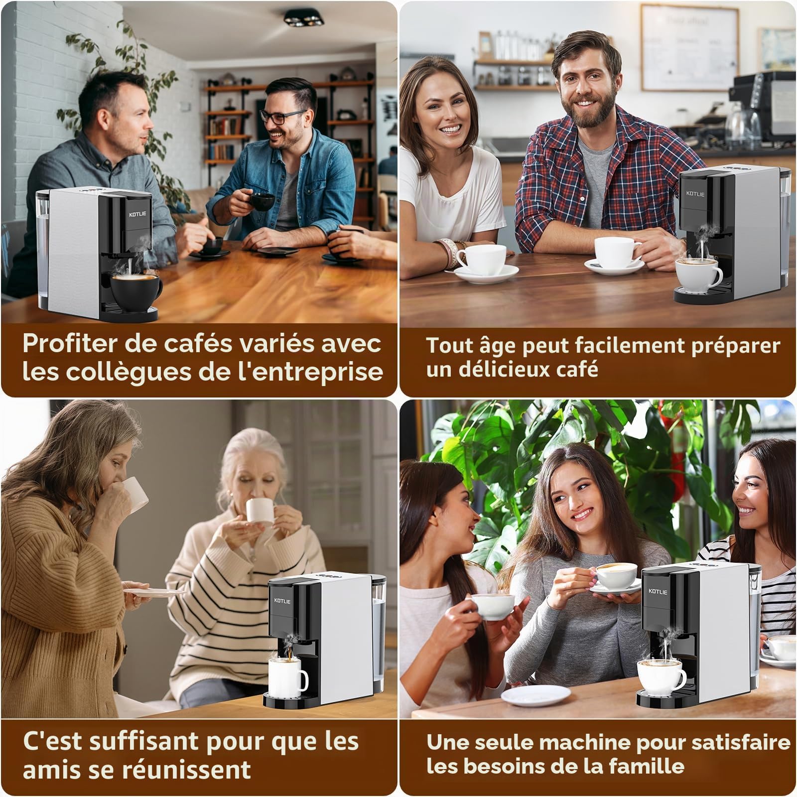 KOTLIE Express 4 en 1 Cafetière à capsules 19 bar haute pression Arrêt automatique Réservoir Cafetière expresso/cafetière capsules AC-513K (BLACK-EU)