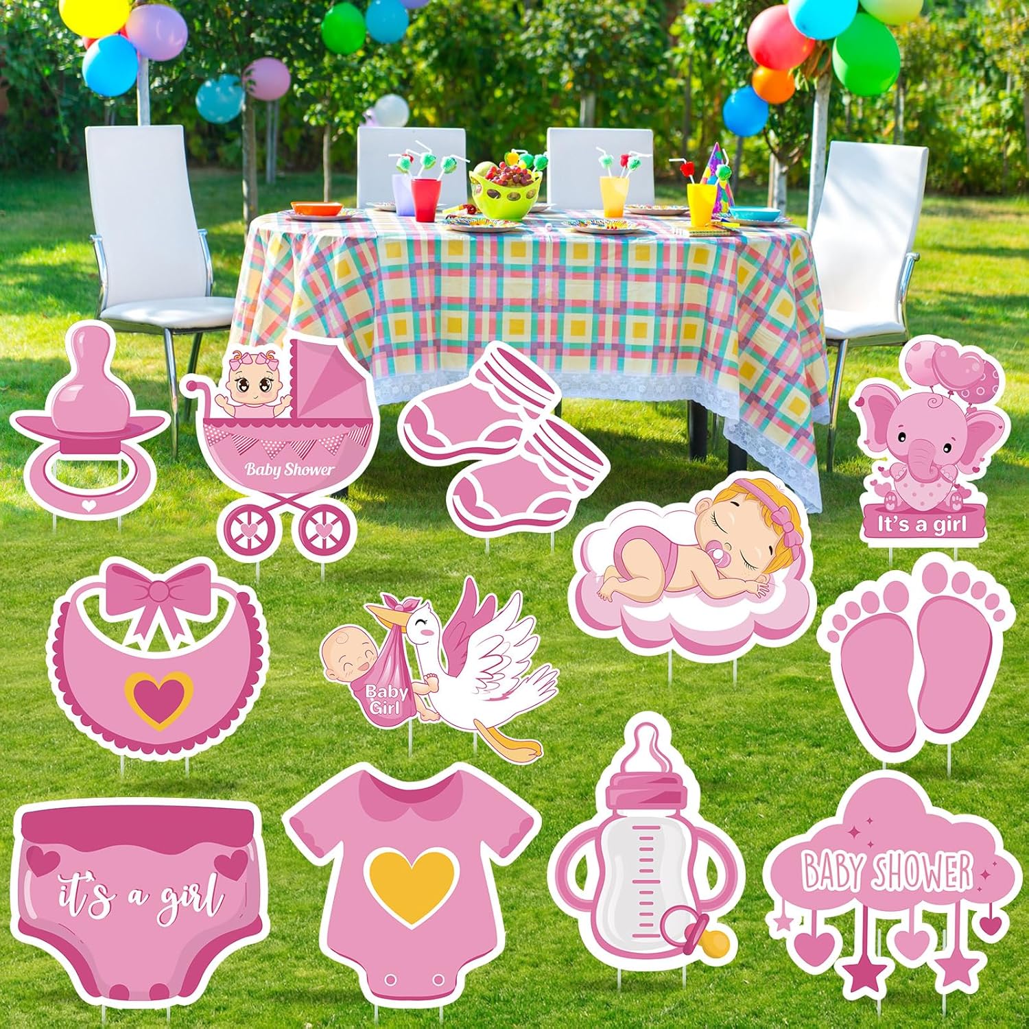 12 Pcs Pink Baby Shower Yard Decoration Its a Girl Outdoor Yard Sign with Stakes Welcome Baby Girl Decorations Waterproof Stork Elephant Yard Decor for Gender Reveal Home Garden Lawn Supplies