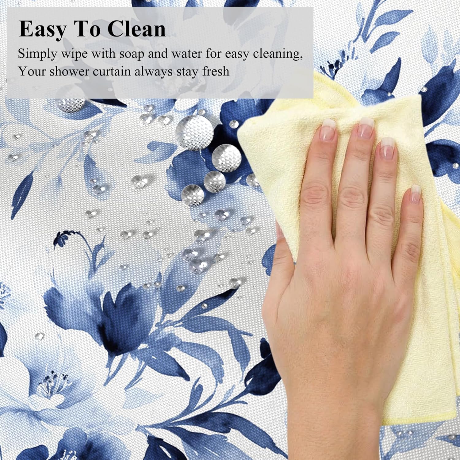 Navy Blue Floral Blossom Shower Curtain Ink Plant Watercolor Flower Printed Bath Curtain Waterproof Washable Fabric Bathroom Bathtub Decor Shower Curtain Set with Hooks 72x84 Inch