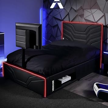 X-Rocker Oracle RGB TV Gaming Bed with Rotating TV Mount and Neo Fibre LED Lighting, Storage and Cable Management, Single 3ft Low Sleeper Bedstead, Faux Leather Upholstery, for Kids, 40" TV - Black