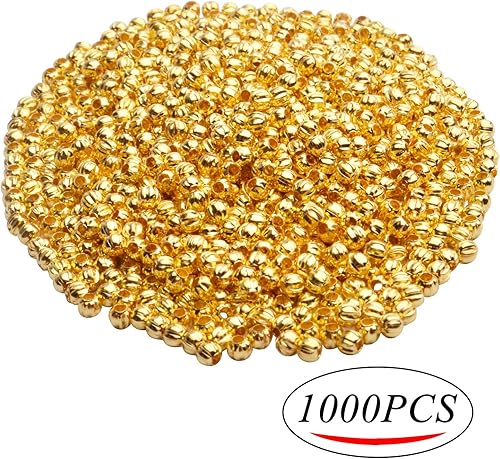 Miniatura 2 de Aylifu Cuentas espaciadoras redondas de metal, 1000 cuentas espaciadoras redondas de 0.118 pulgadas (0.118 in), cuentas sueltas chapadas en oro,