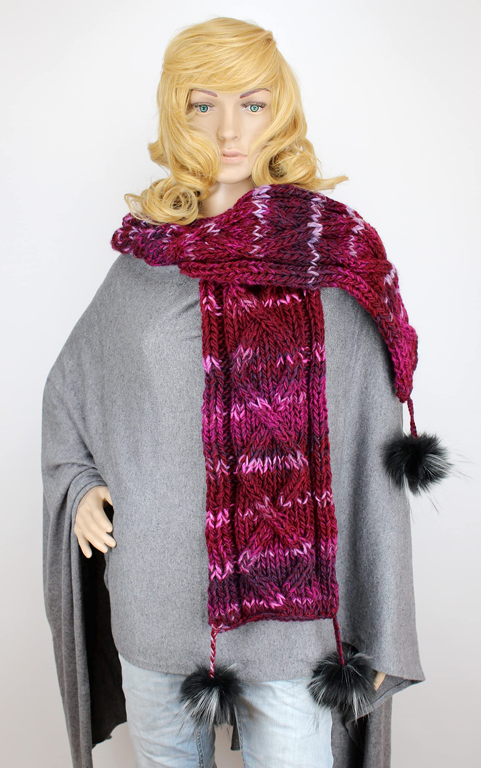Kapuzenschal exklusiv 4 Farben mit Kunst-fell-bommel handgestrickt Farbwahl Schal XXL Mützenschal (bordeaux weinrot meliert)
