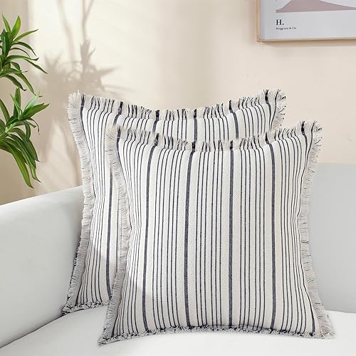 Juego de 2 fundas de almohada a rayas con flecos, de lino y algodón, color azul marino, de 16 x 16 pulgadas, juego de 2 fundas de cojín cuadradas