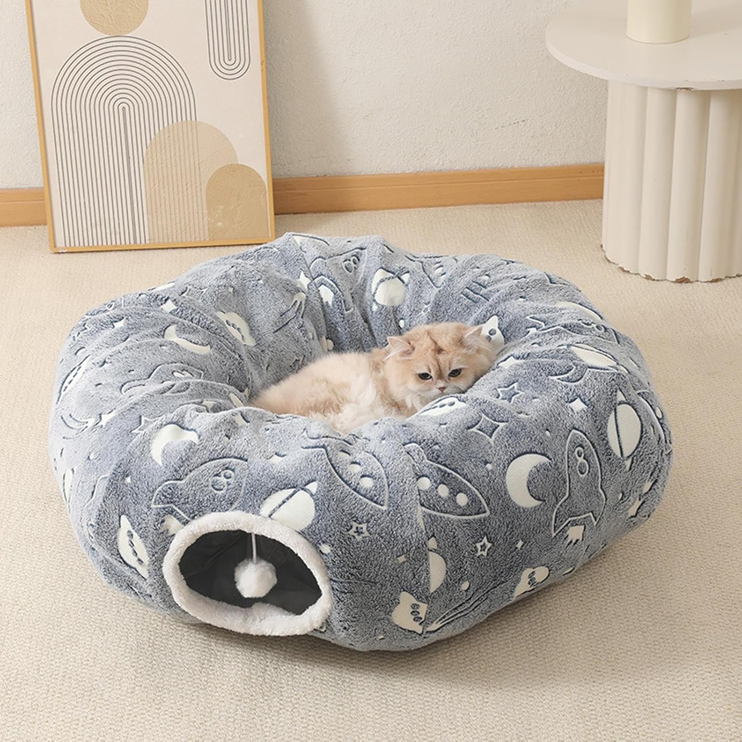 Cat Tunnel with Bed | Donut Tunnel Bed for Cats | Foldable Interactive Toy Glow-in-The-Dark Animals Cushion for Small Medium Large Breeds Home Balcony Dorm