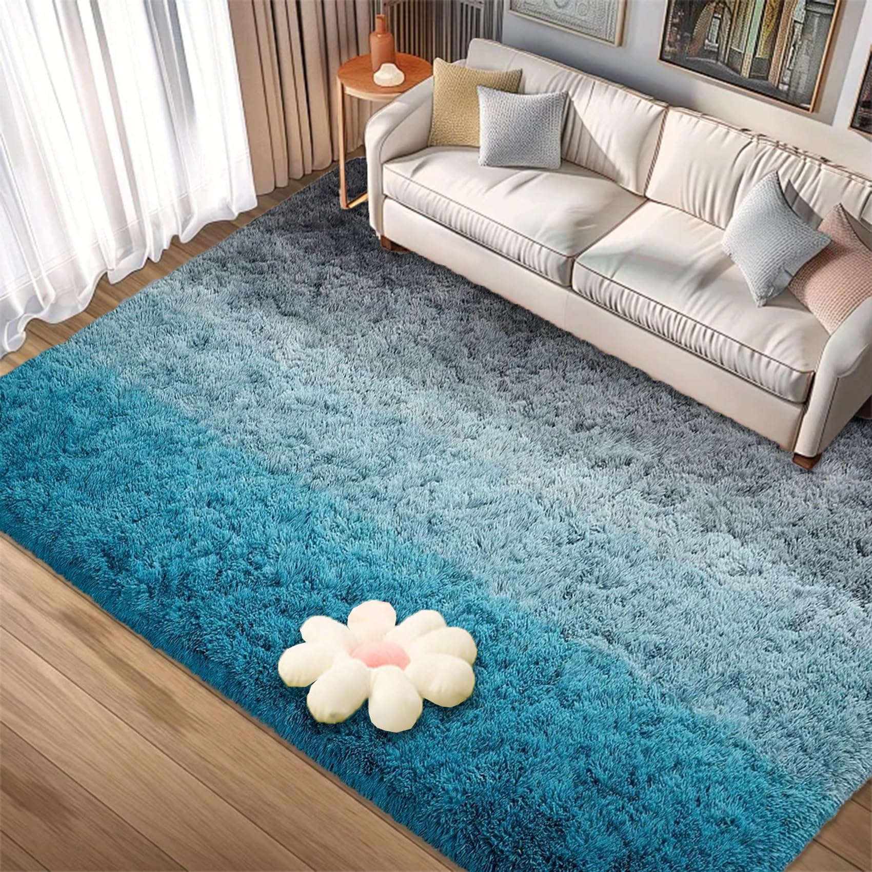 Alfombra Antideslizante 150 x 400 cm, Felpa Sedosa La Pelusa Mullida, Suave Al Tacto, Rectangular Varios Tamaños, para Interior, Baño Panorama Alfombra Vinílica,Azul Grisáce