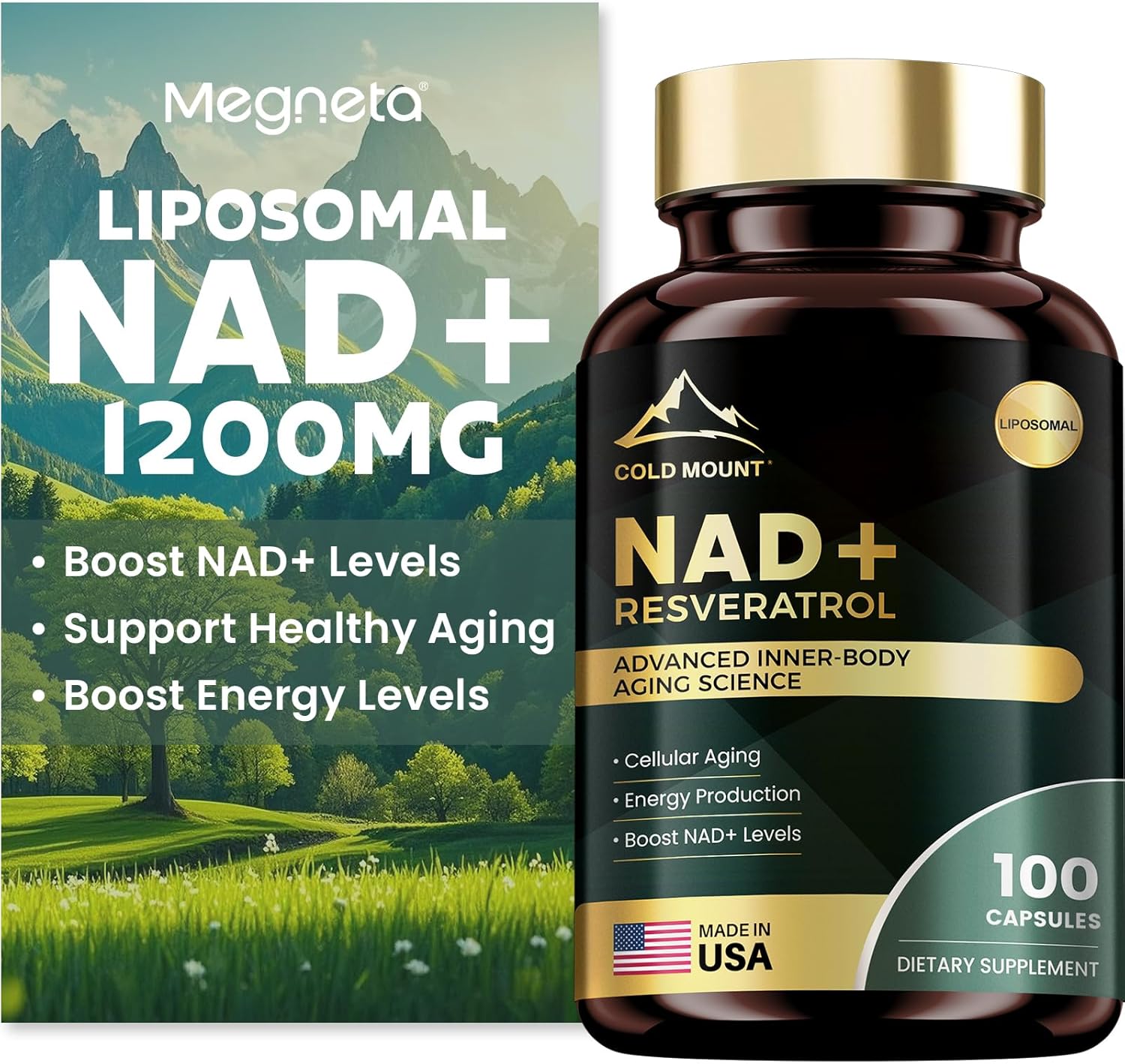 Liposomal NAD+ Supplement 1200mg with Trans Resveratrol – Boost NAD+ Levels, Energy & Anti-Aging Support – Vegan, 100 Capsules
