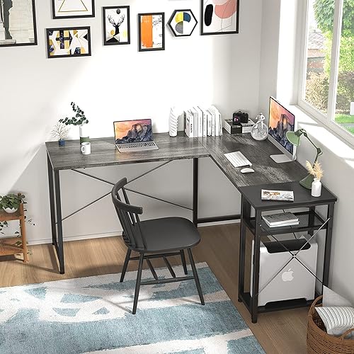 Miniatura 2 de Homfio - Escritorio esquinero con forma de L con estantes para computadora, grande, para mesa de juegos, escritorio industrial simple, para oficina