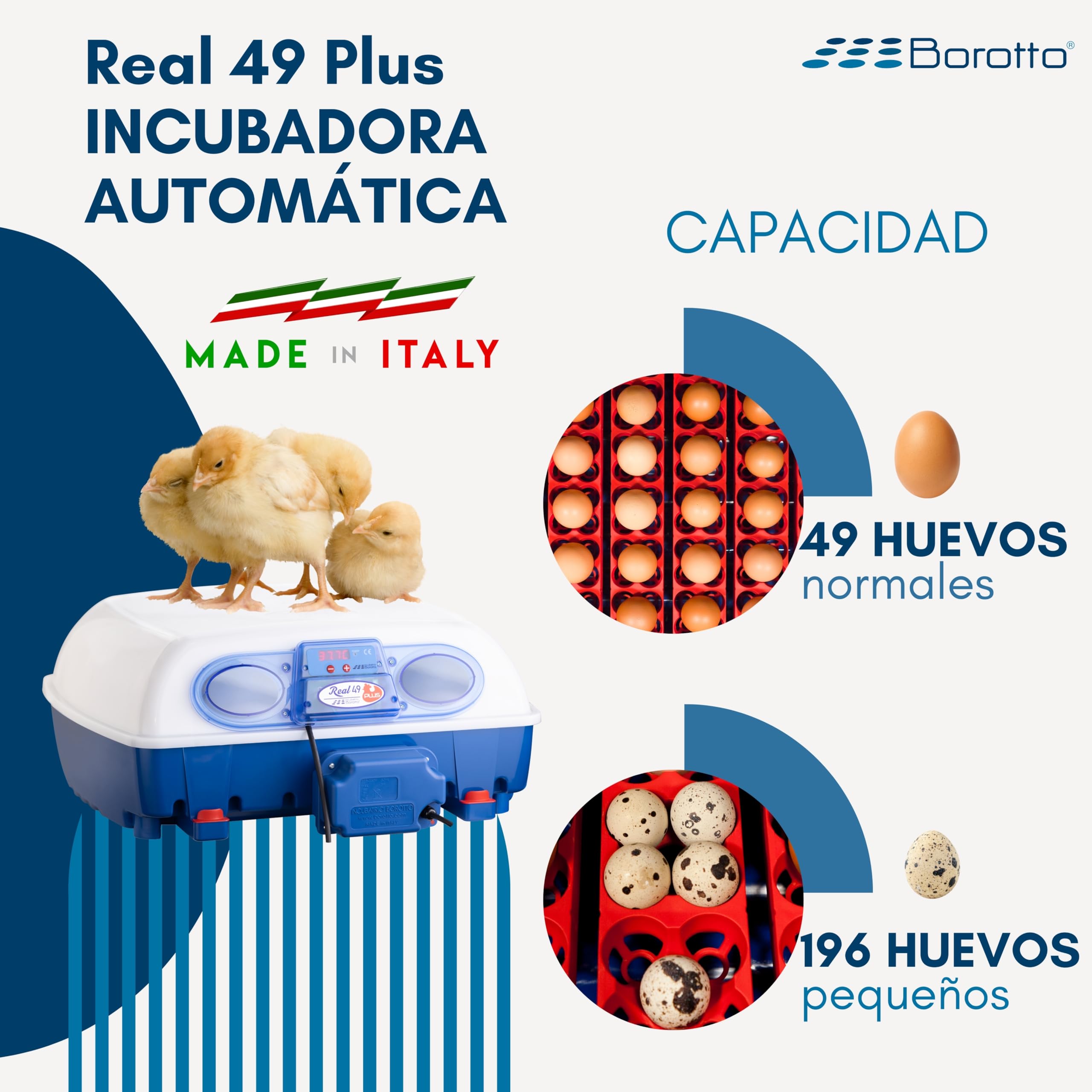 Borotto Real 49 Plus | Incubadora de Huevos Automática Profesional para 49 Huevos o 196 Pequeños con Volteador Huevos Automático, Control Temperatura y Sistema Antibacteriano Biomaster®| Made in Italy
