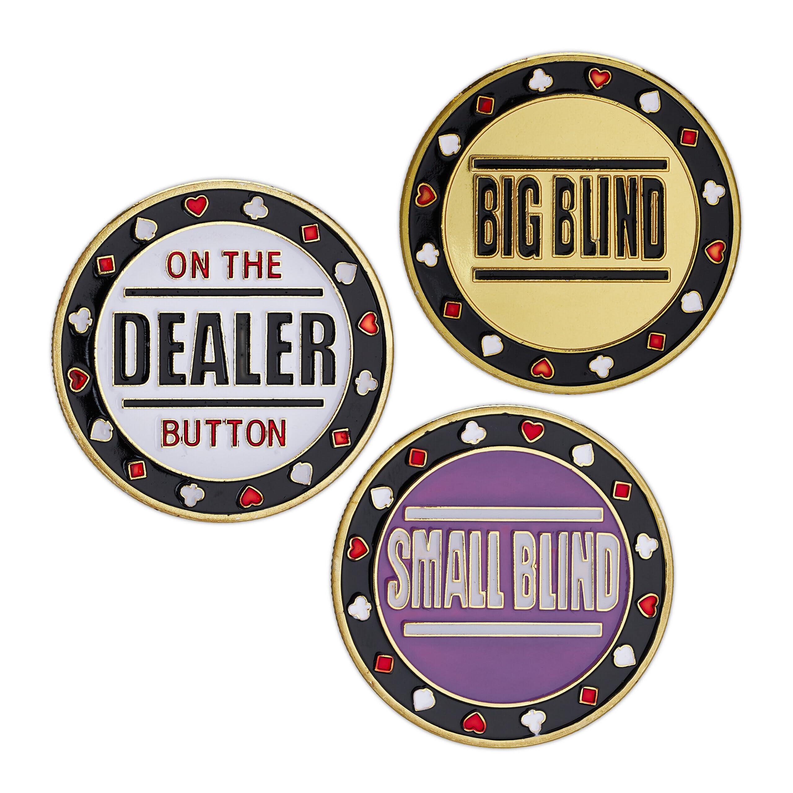 Relaxdays Zestaw 3 przycisków do pokera, "Dealer", "Big Blind" i "Small Blind", z etui dla każdego, Ø 4 cm, złoty