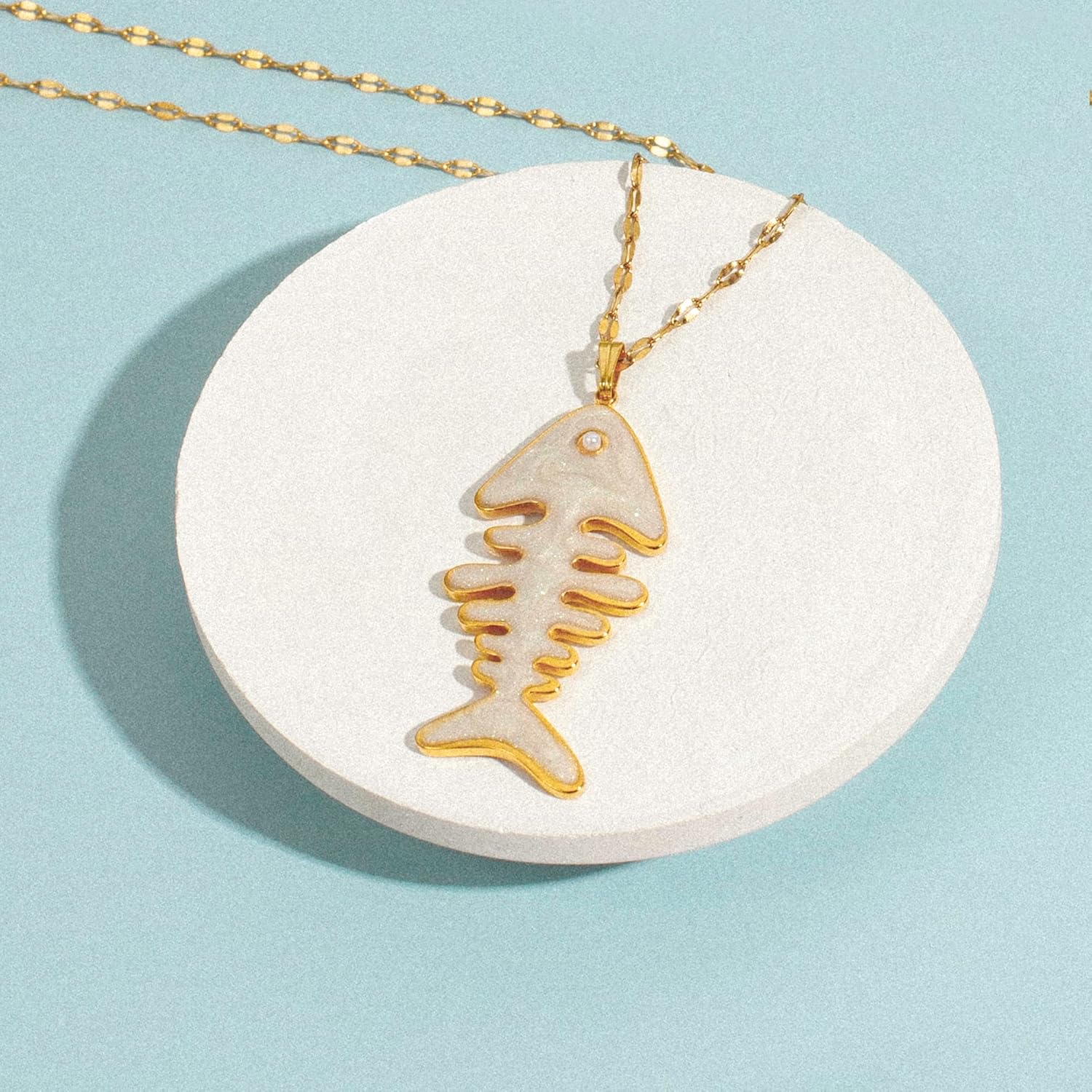 Women's Gold Plated Necklace of 18k Stainless Steel with Enamel Fish Bone Pendant & Pearl Accent 16" + 2" Adjustable Textured Chain Summer Beach Jewelry