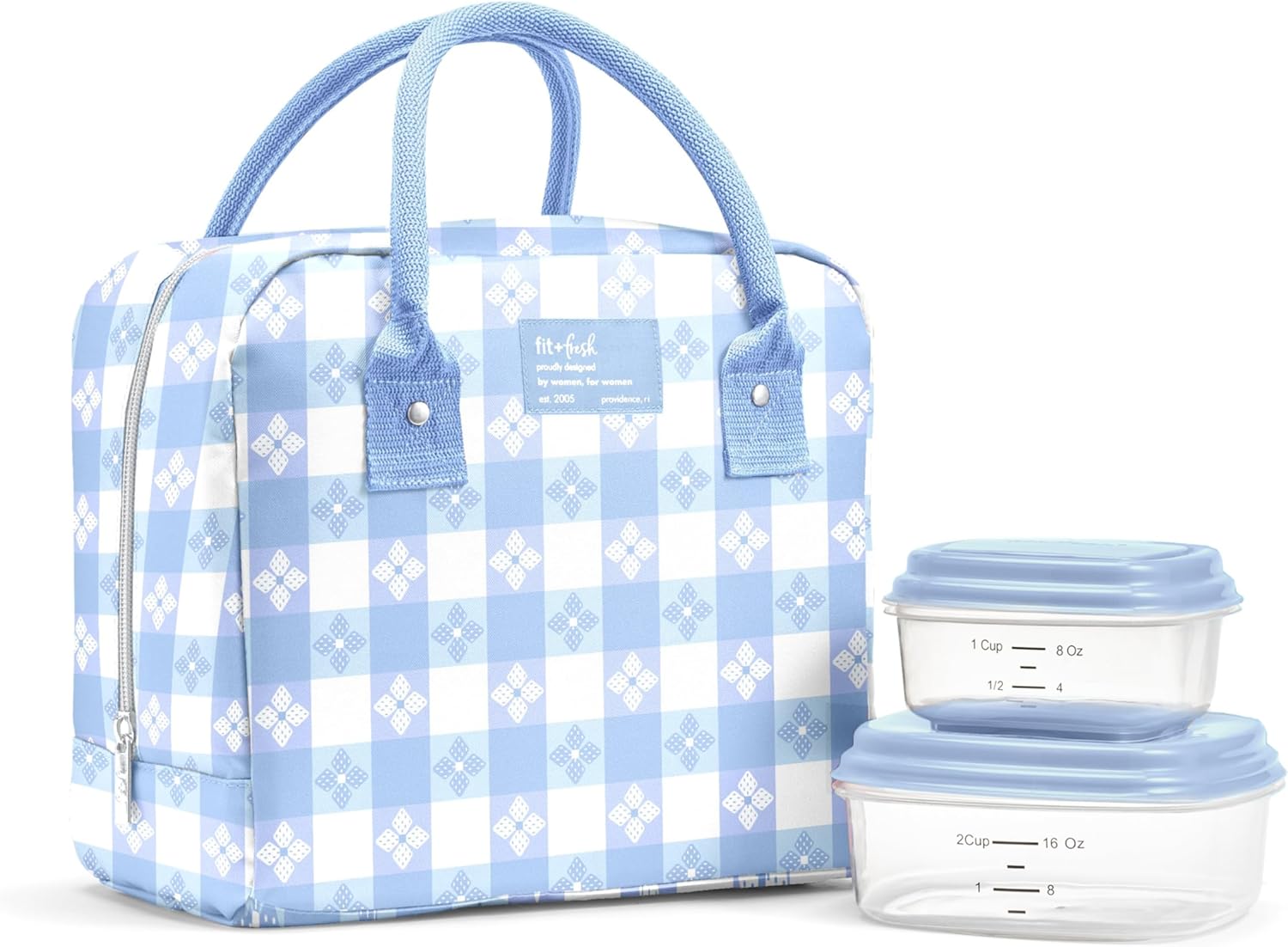 Fit & Fresh Bloomington Lunch Bag for Women - Insulated Large Lunch Box for Work with Containers, Leak-Resistant, Stain-Resistant, Zipper Closure, Cornflower Blue Picnic