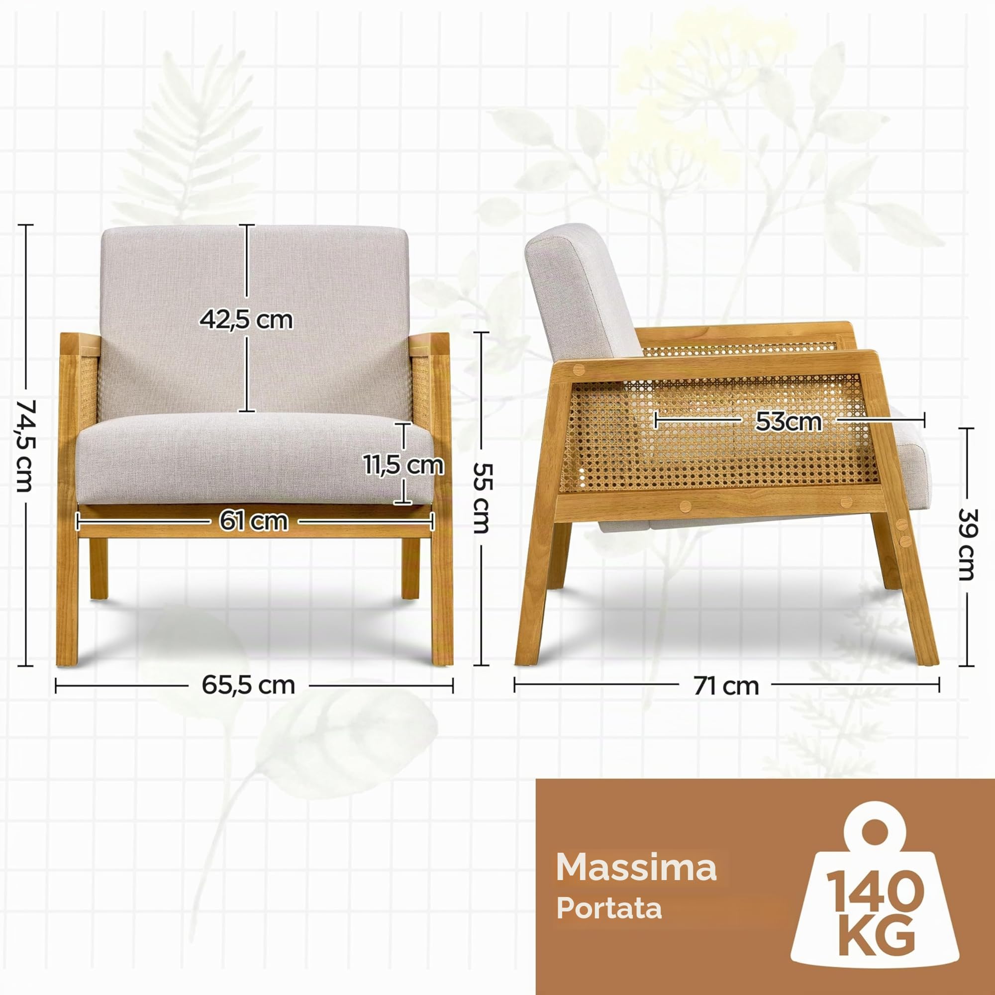 Yaheetech Poltrona da Salotto con Braccioli Poltrocina Struttura in Legno Poltrona Relax in Rattan Sedia con Cuscini Imbottiti Divano Singolo per Soggiorno Camere da Letto Sala Reception Lettura