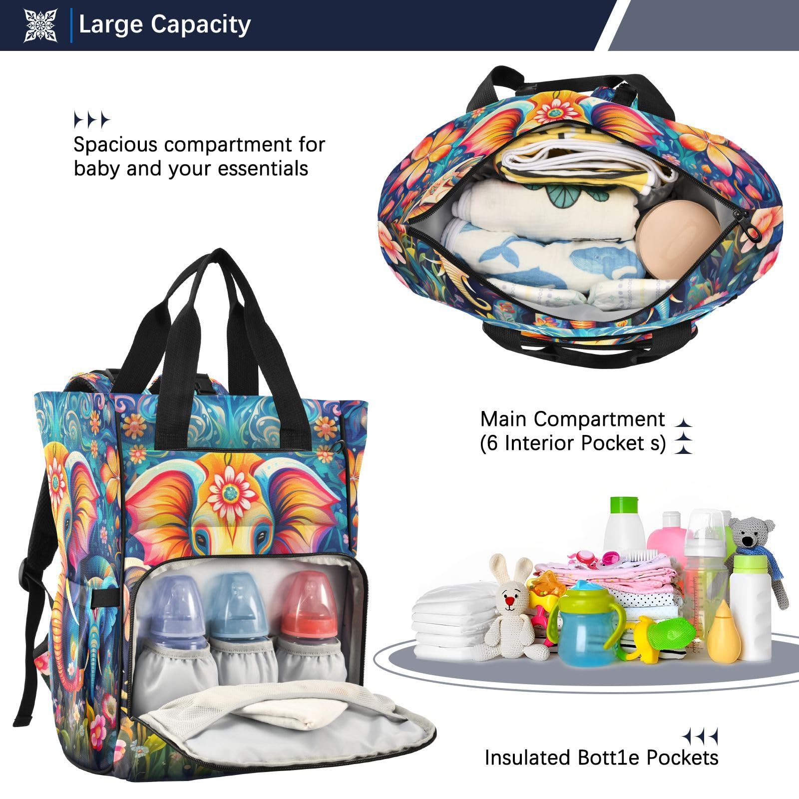 Elefante Colorido Floral Adornado Mochilas de Pañales para Gran Capacidad Pañal Bolso Mochila para Viajar al Aire Libre Mamá y Papá